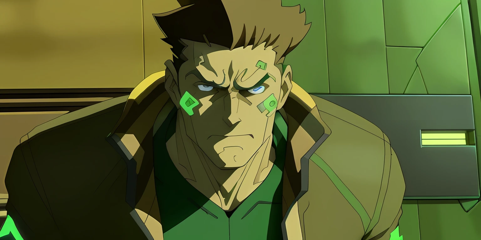 Ben 10, best quality, masterpiece, 8k, ben 10 vs any witch, detailed brown hair, closed face, detailed jaw, green eyes, green jacket, blue jeans, brown shoe, forest background, muscular, muscular body, omnitrix on left arm