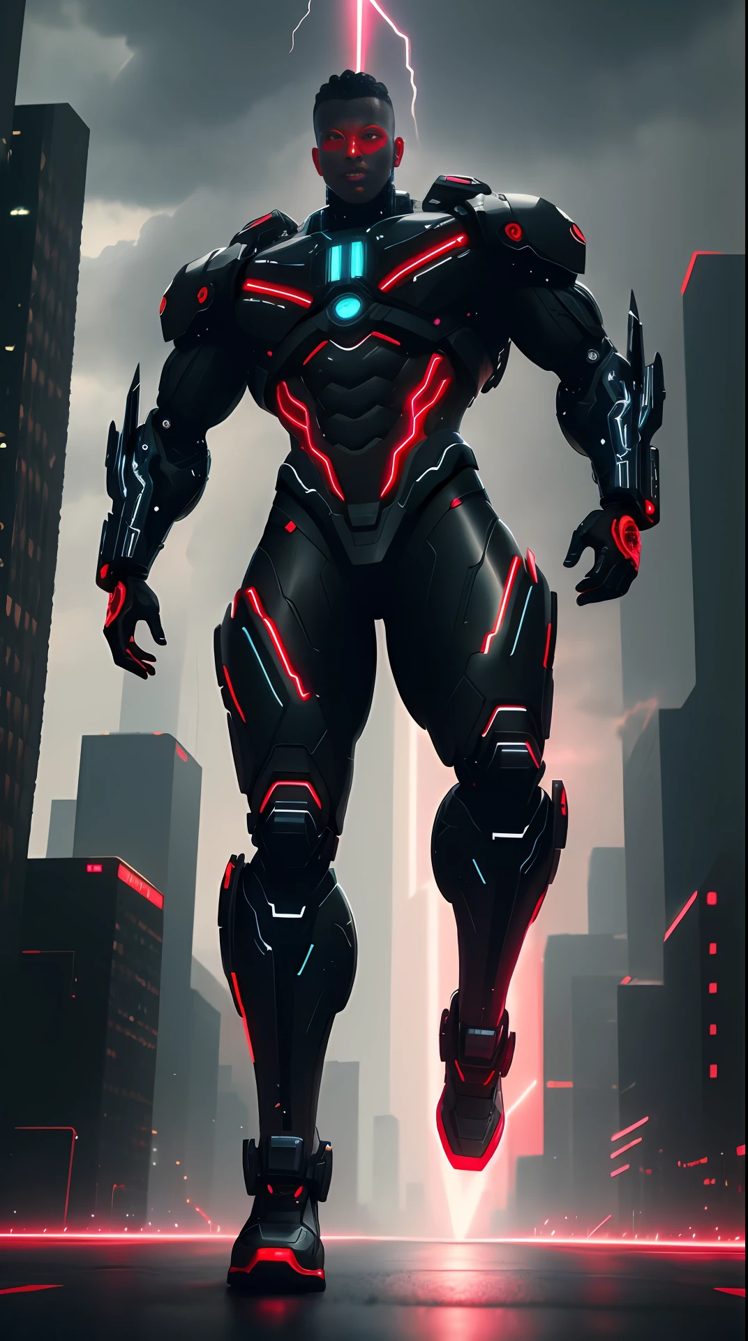 cyberpunk cyborg black skin, left side of the metallic face with a red bionic eye, bodybuilder, running, in the background a city, lightning in the sky, ultra details, ultra realistic, cinematic , octane render, 16k