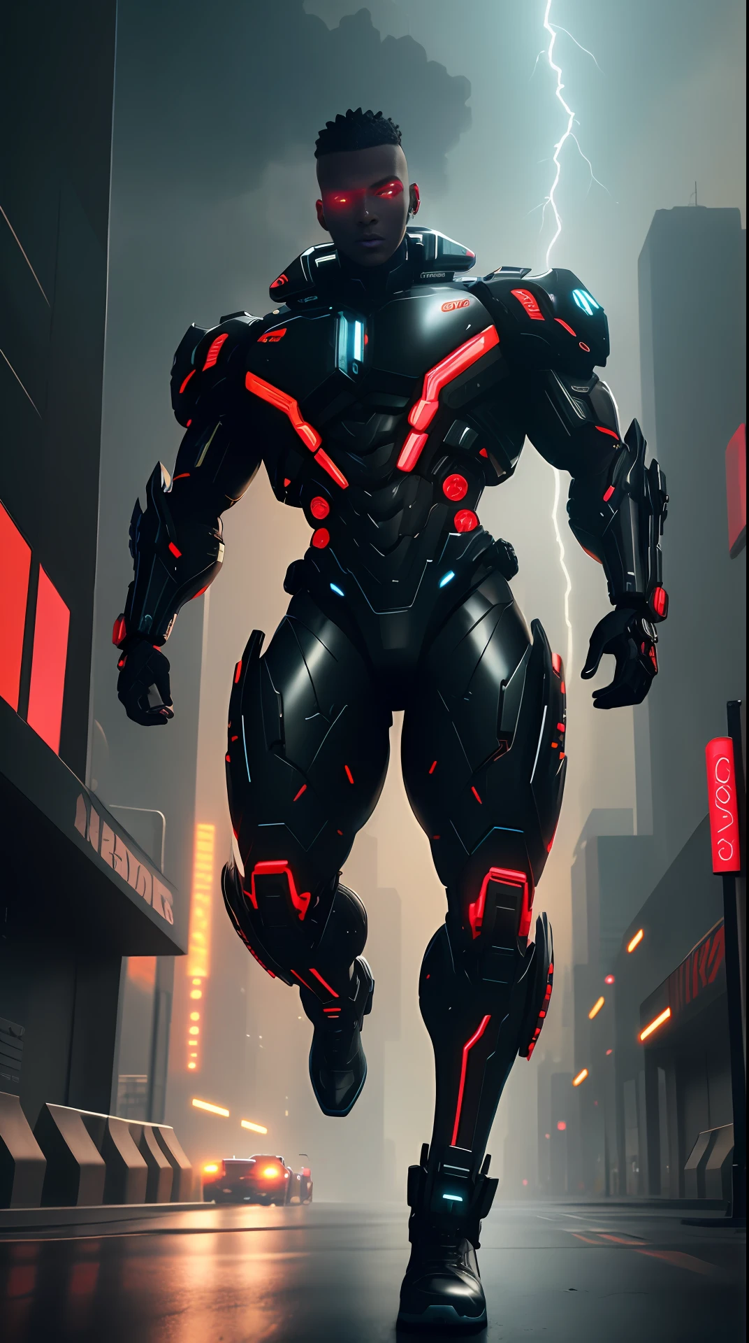 cyberpunk cyborg black skin, left side of the metallic face with a red bionic eye, bodybuilder, running, in the background a city, lightning in the sky, ultra details, ultra realistic, cinematic , octane render, 16k