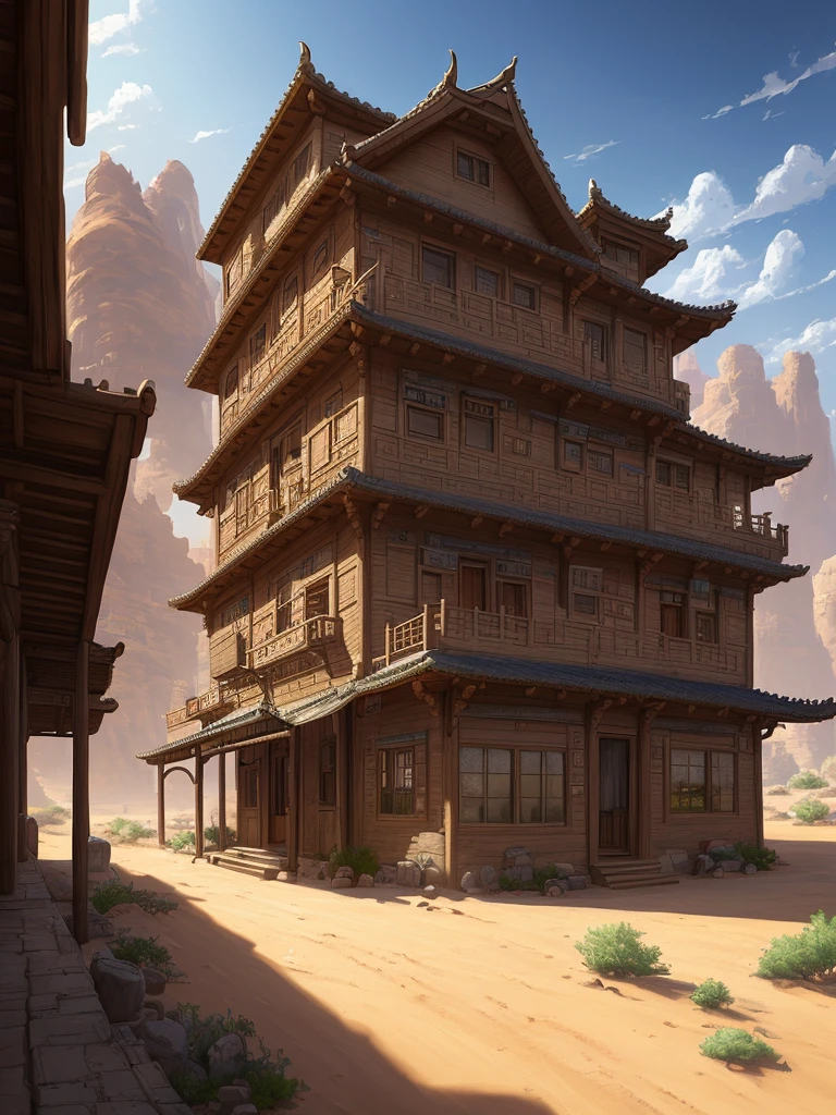 a painting of a train traveling past a small house in the desert, concept art by Li Zai, Artstation contest winner, fantasy art, highly detailed illustration, concept art highly detailed, overdetailed art, a multidimensional cozy tavern, detailed digital 2d fantasy art, highly detailed fantasy art, highly detailed and colored, detailed game art illustration, dreamy chinese town