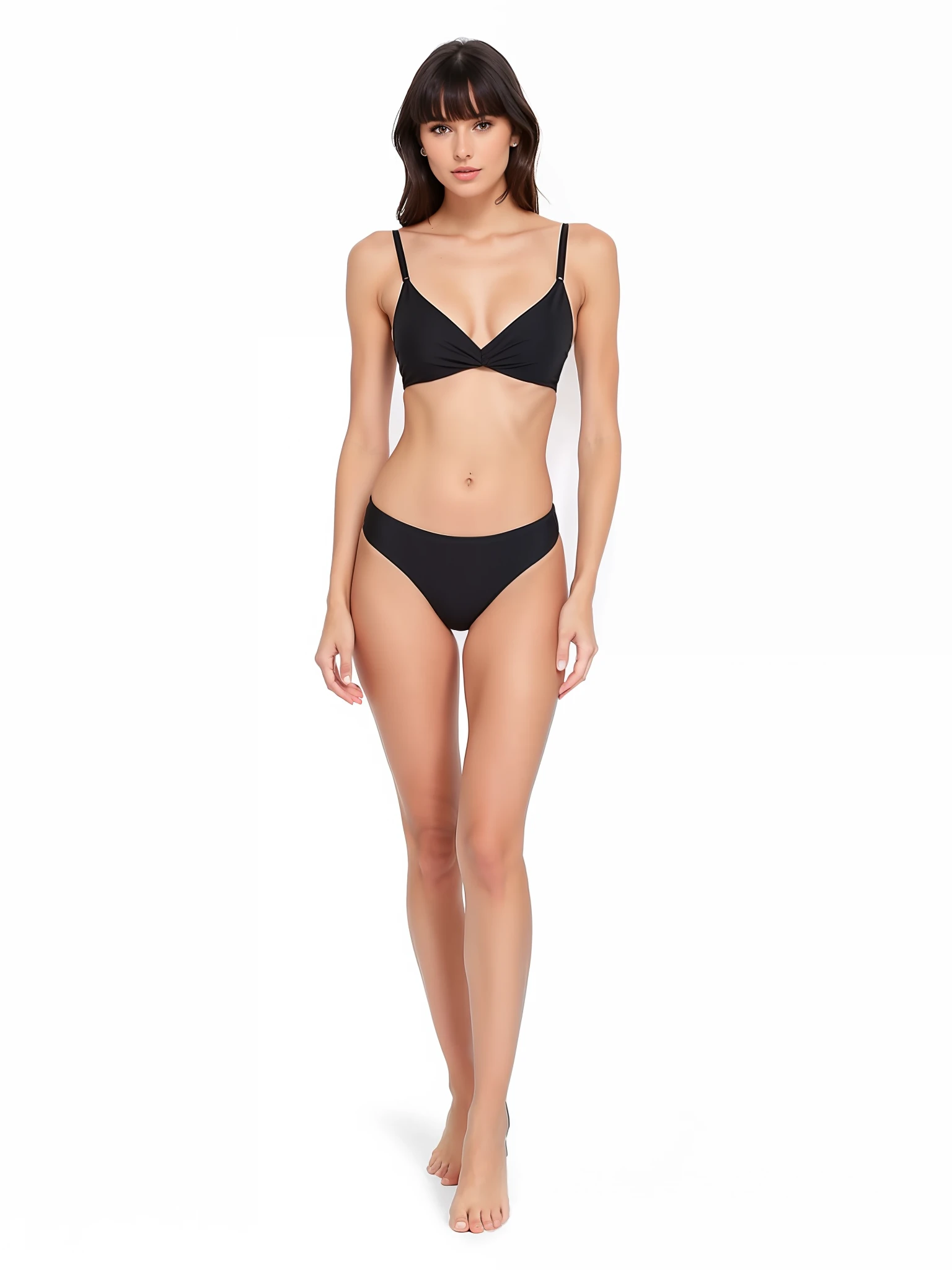 a woman in a black bikini top and black panties, black bikini, boutinela bikini, wearing two-piece swimsuit, black panties, sling bikini, bralette, model with attractive body, black swimsuit, smooth chest, costume: bikini, elegant and elegant smooth body, 3-piece, thin female figure, dainty fit figure, julia sarda, black bra