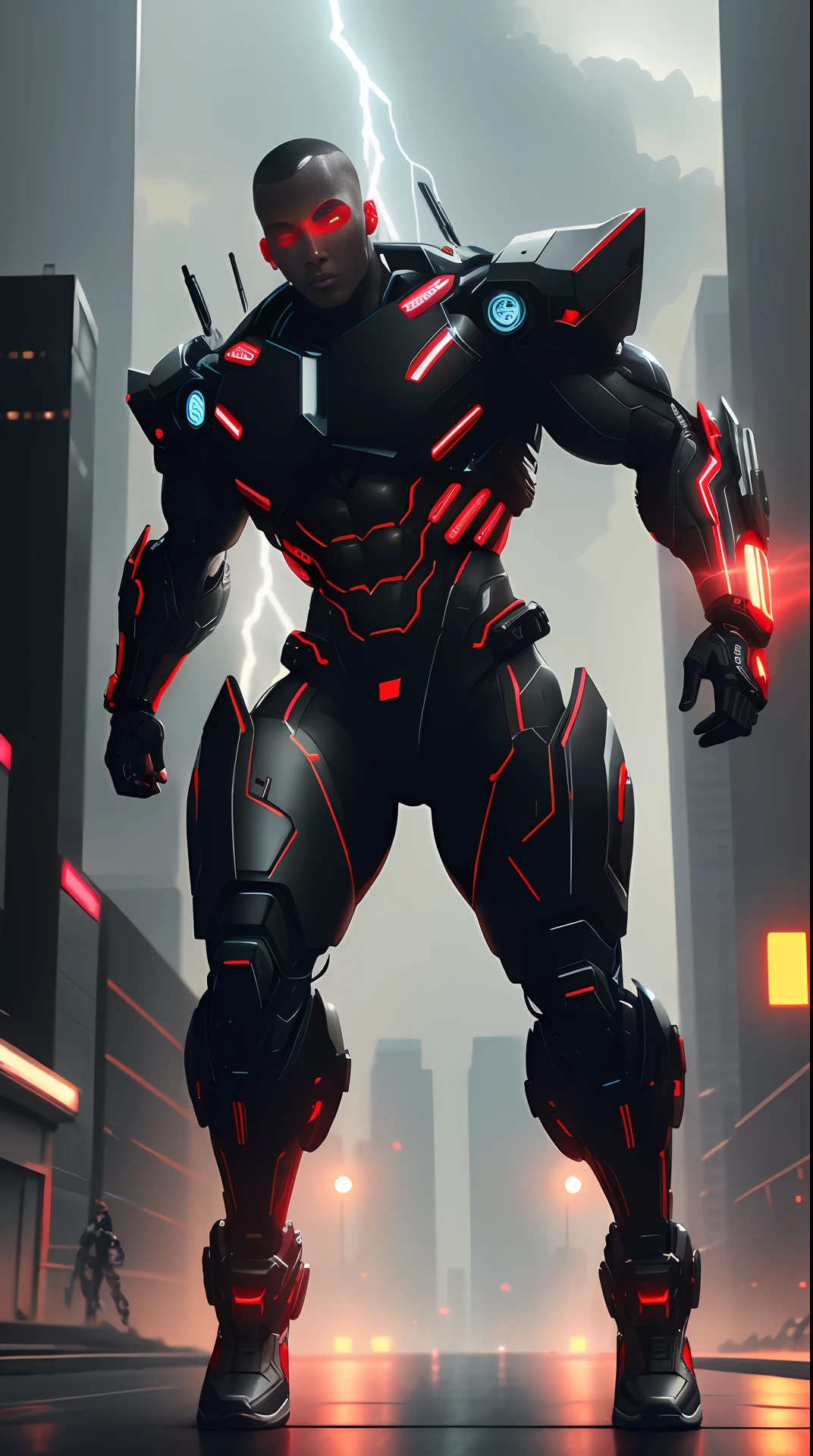 cyberpunk cyborg black skin, left side of the metallic face with a red bionic eye, bodybuilder, running, in the background a city, lightning in the sky, ultra details, ultra realistic, cinematic , octane render, 16k
