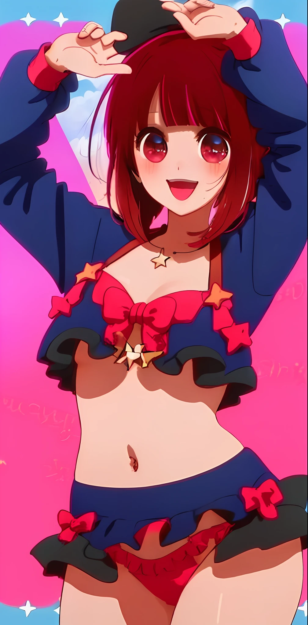 1girl, solo, star-shaped pupils in left eye, multicolored bikini, bangs,happy,posing, multicolored hair, beach background