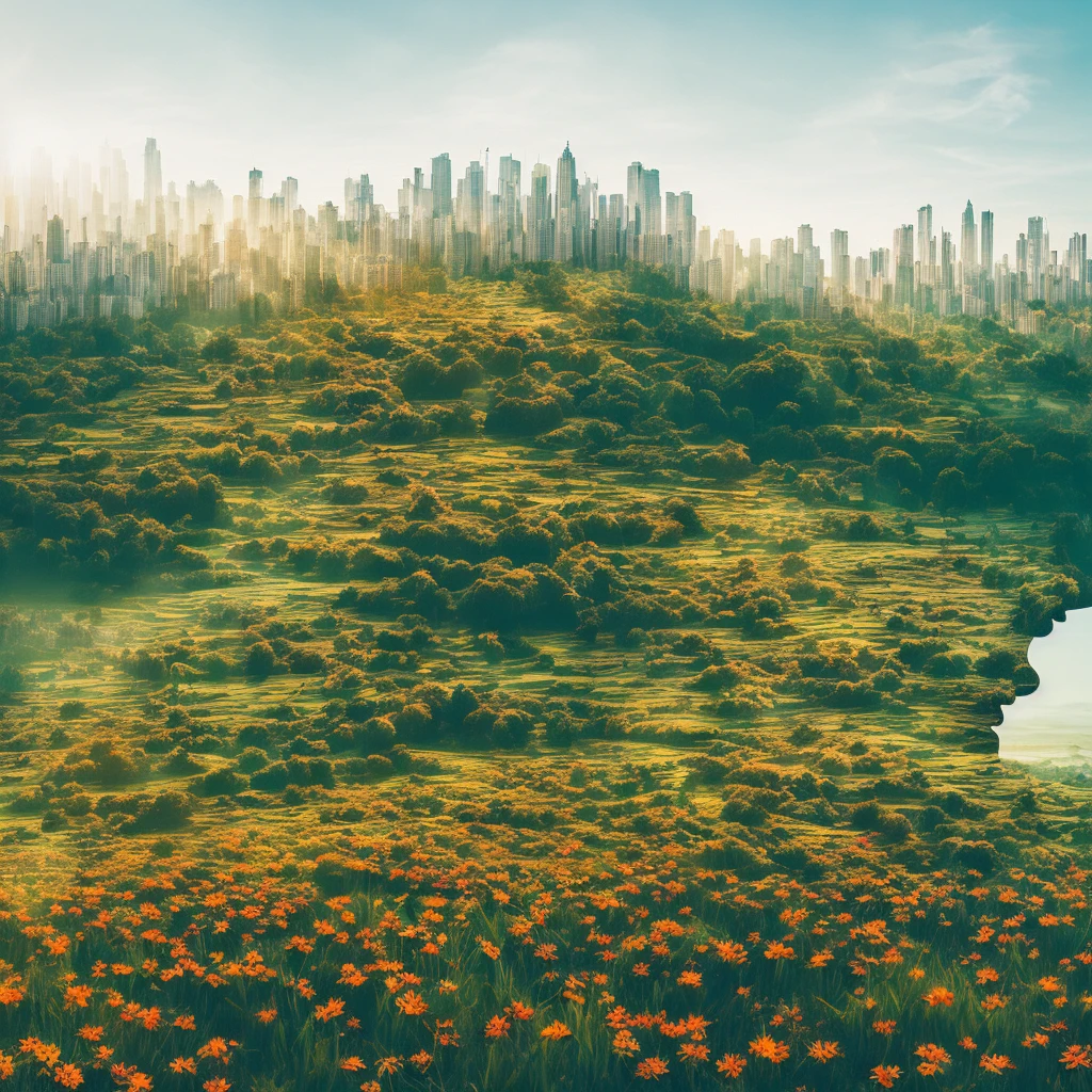 dublex style, man[made of leaves:0.2], city of flowers [foreground of foliage, background of city:0.5]