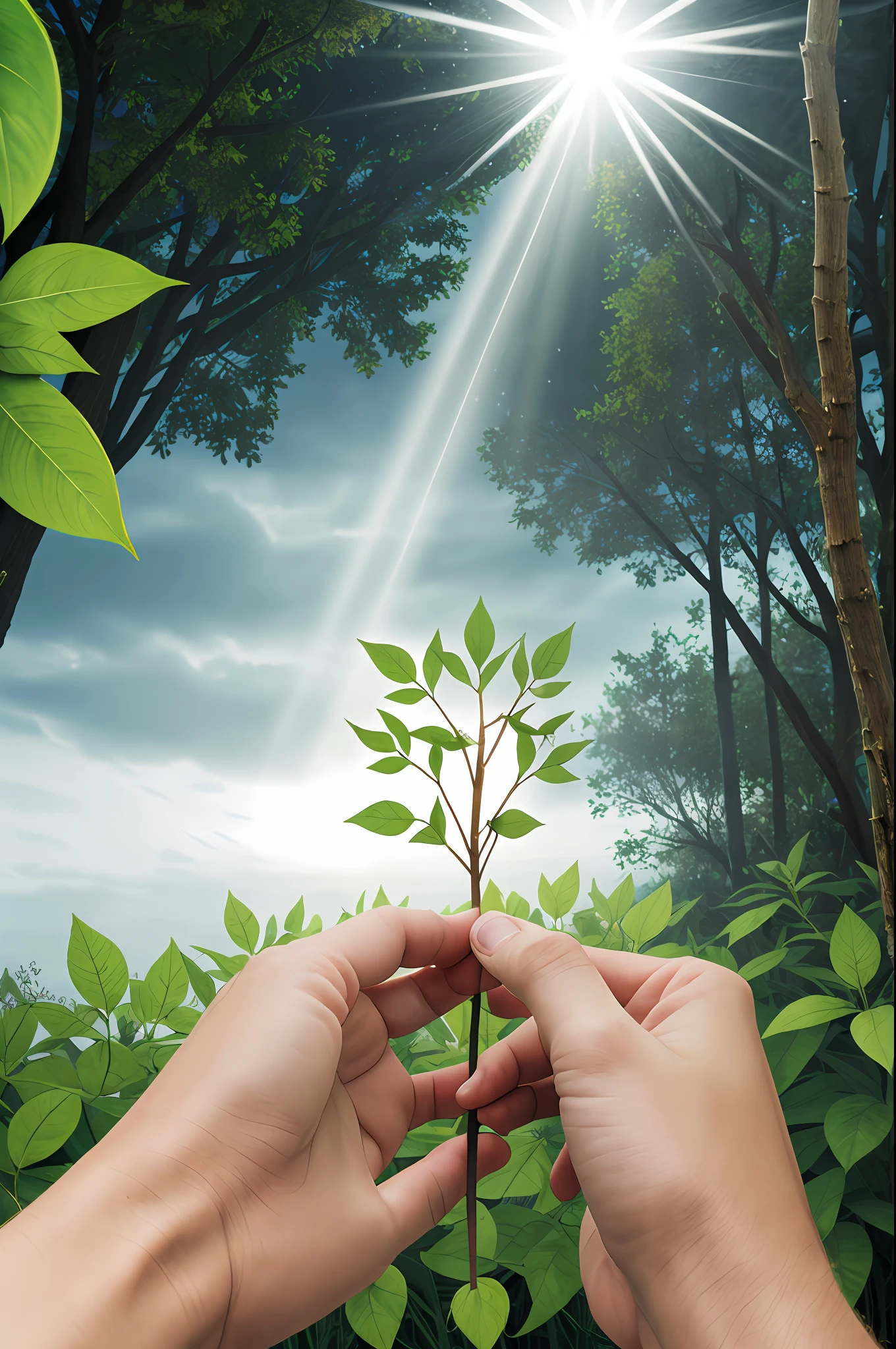 ace of sticks, tarot. the hand of God, shrouded in rays, holding a staff with ten small leaves, in the clear sky, realistic, photographic, realistic, photorealistic, 4k, highly detailed and intricate details, 8k