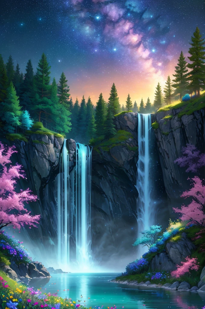 masterpiece, best quality, high quality, extremely detailed cg unity 8k wallpaper, an extremely colorful and purely fantasy environment with vibrant hues and a bright night sky, sky full of stars, landscape of bright green grass, colorful trees, glittering fruits, and bright glowing blue flowers. the streams are a deep shade of black, and the air is filled with sweet exotic scents. the environment appears to be taken out of a dream, with luminescent butterflies and giant colorful birds flying around, award winning photography, bokeh, depth of field, hdr, bloom, chromatic aberration ,photorealistic,extremely detailed, trending on artstation, trending on cgsociety, intricate, high detail, dramatic, art by midjourney