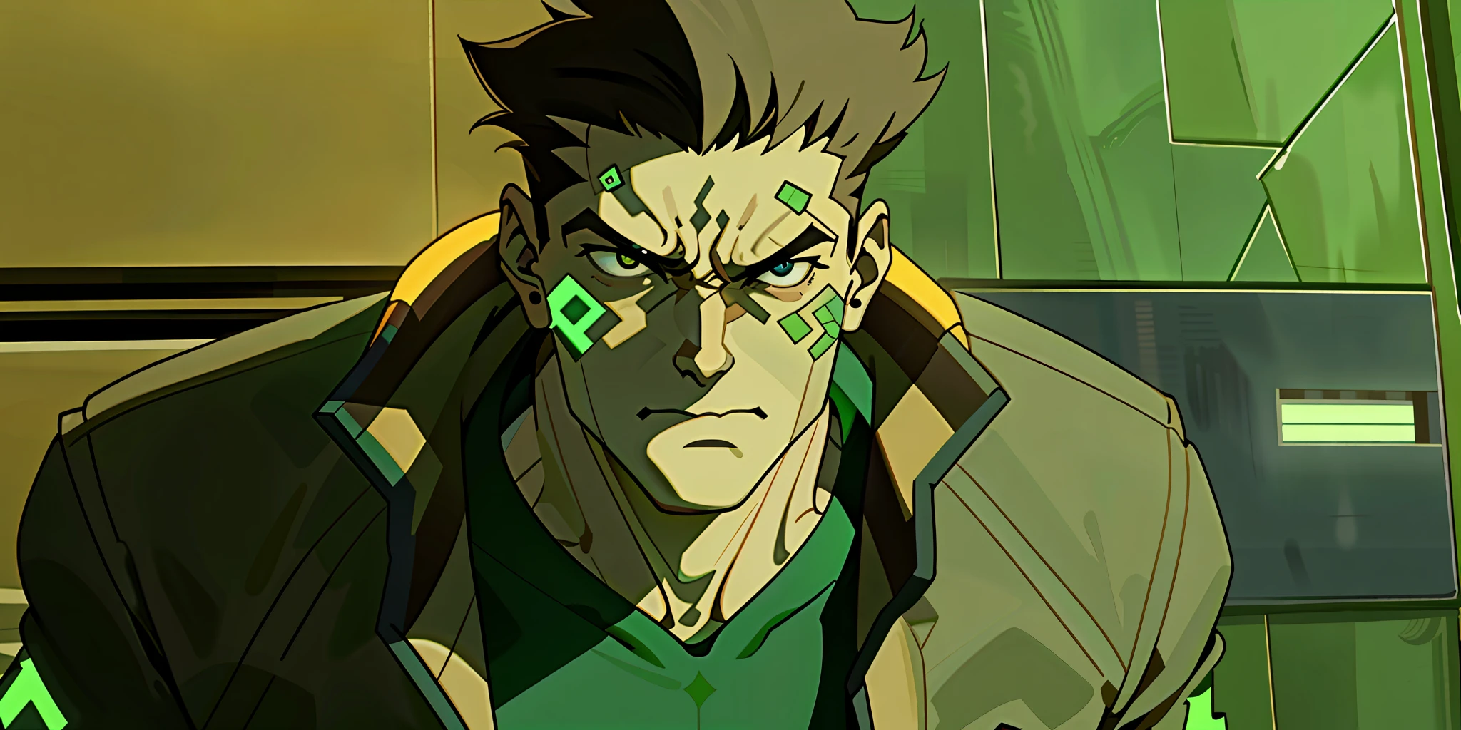 a close up of a man in a green shirt and a brown jacket, akira anime cyberpunk, zone of enders, metal gear solid anime cyberpunk, in the anime film, sharp high quality anime, an angry muscular army general, zone of the enders, in the anime ghost in the shell, official anime still, joseph joestar, sly expression