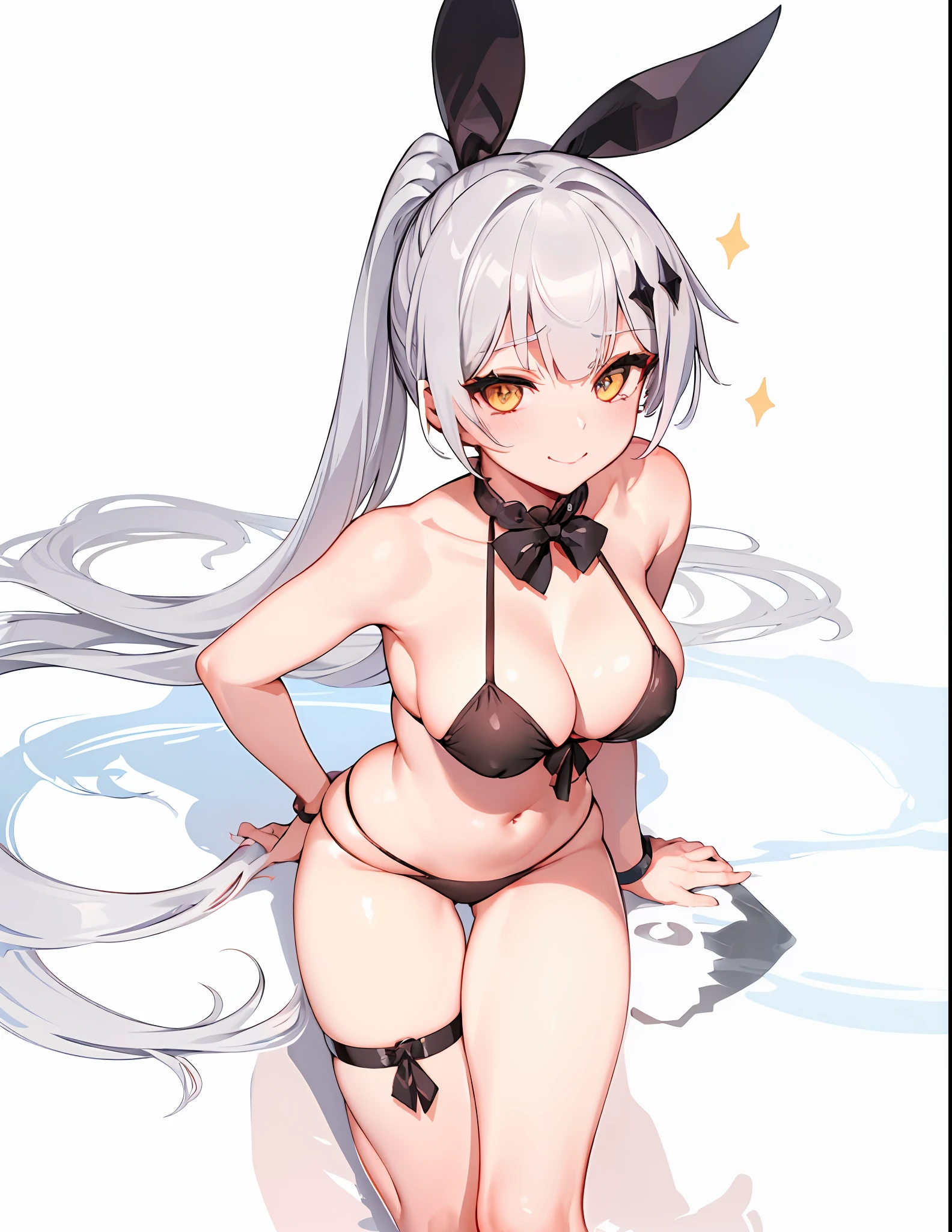 (masterpiece), (best quality), (ultra detailed), (best illustration), (best shadow), eye sparkle, reflection in eyes, beach background, (long ponytail), black bikini, silver hair, depth of field, sunbeam, big breasts, seductive smile, sharp eyes, sexy look, (sharp eyeliner, eye shadow)