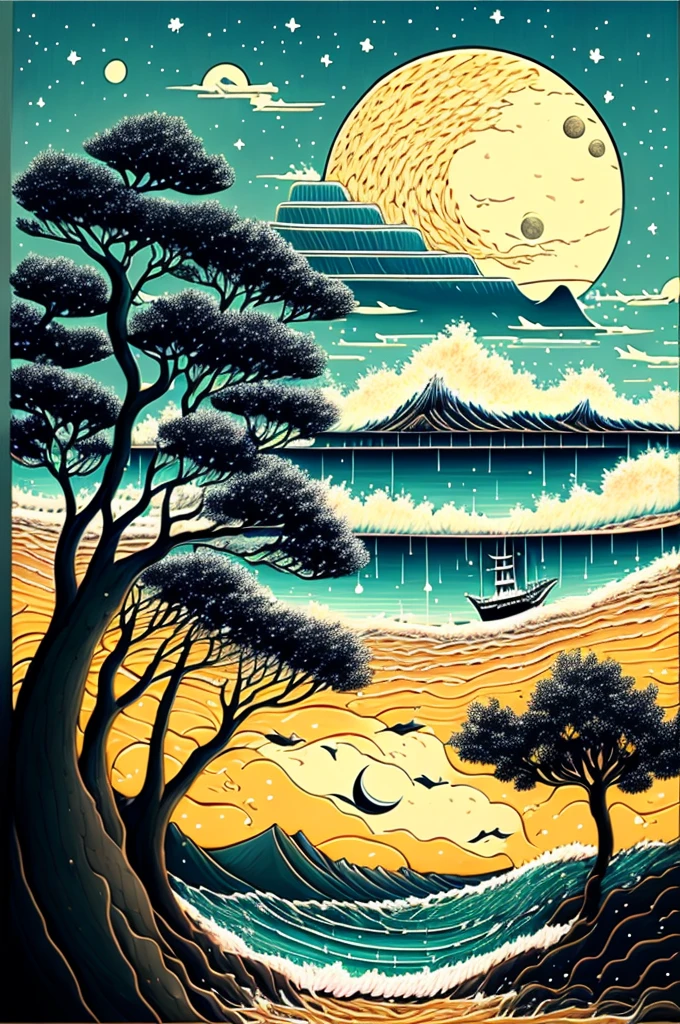Intricate painting of a detailed ocean, japanese, distant ships on the horizon, tree in the foreground, by range murata, a big dark salmon moon in the background, night, sparse clouds, vivid colors, high contrast, mountain scape, vector line art, trending in pixiv, anime concept art, awesome, matte, high quality, edge-to-edge, NO borders, van gogh
