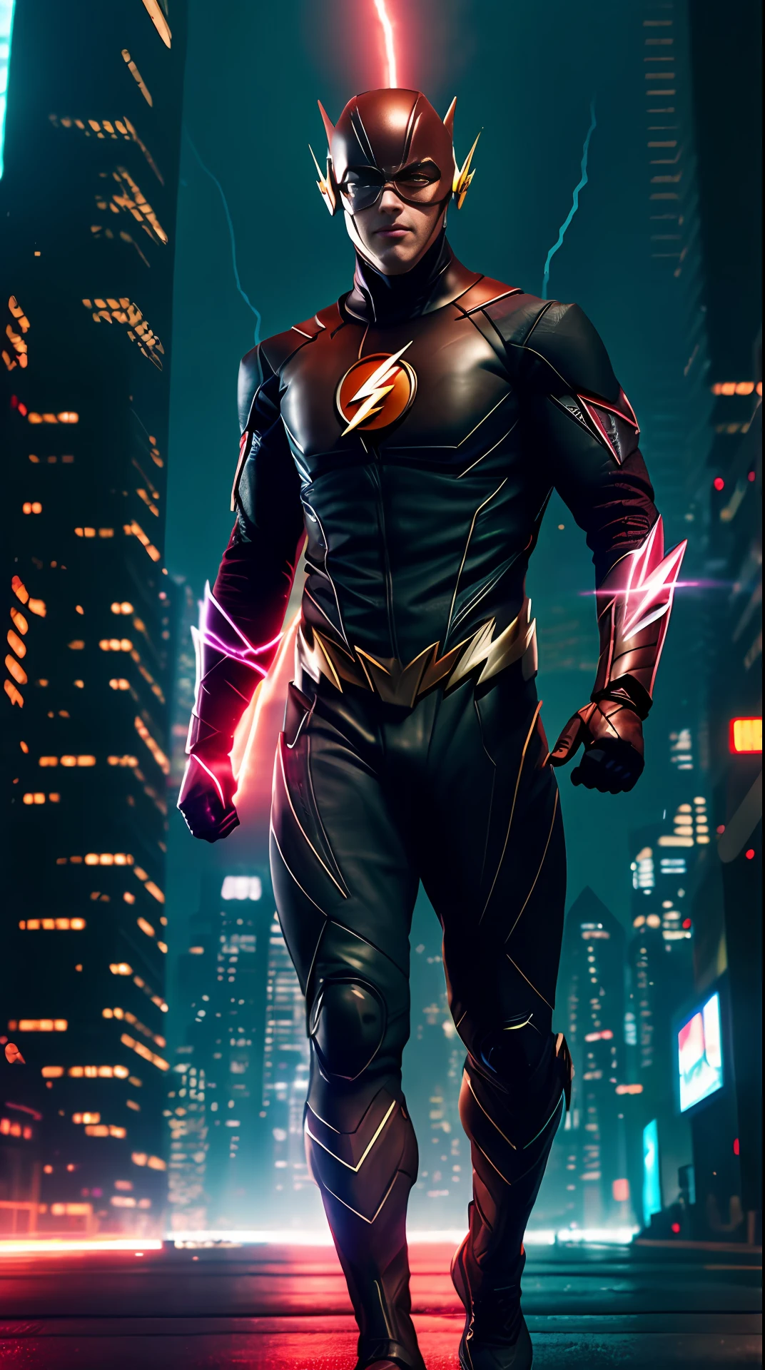 cyberpunk the flash , dark armor, invoked mask,glowing red eyes, bodybuilder, running, in the background a city, lightning in the sky, ultra details, ultra realistic, cinematic , octane render, 16k