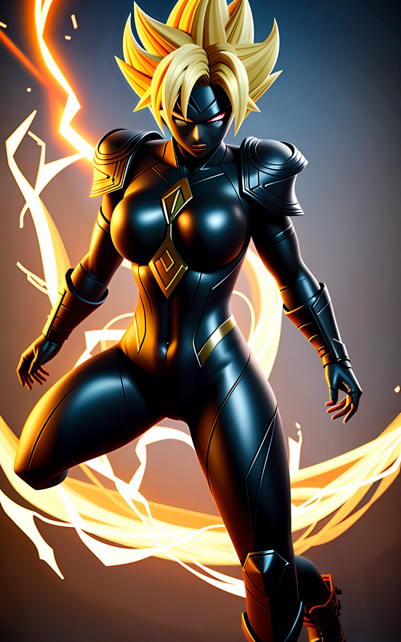 16k resolution image, Unreal Engine 5, Mortal Kombat style, Dragon Ball style, full body image of a woman doing hybrid Scorpion/Goku/Samus Aran cosplay, as a super saiyan, wearing an all-black futuristic Ninja outfit with yellow parts, with ninja mask on her face, looking at the viewer with angry eyes,  Holding ninja weapons, emanating aura of fire around the body furiously, on a battlefield of a bloodthirsty ancient time, with zombies trying to catch you.