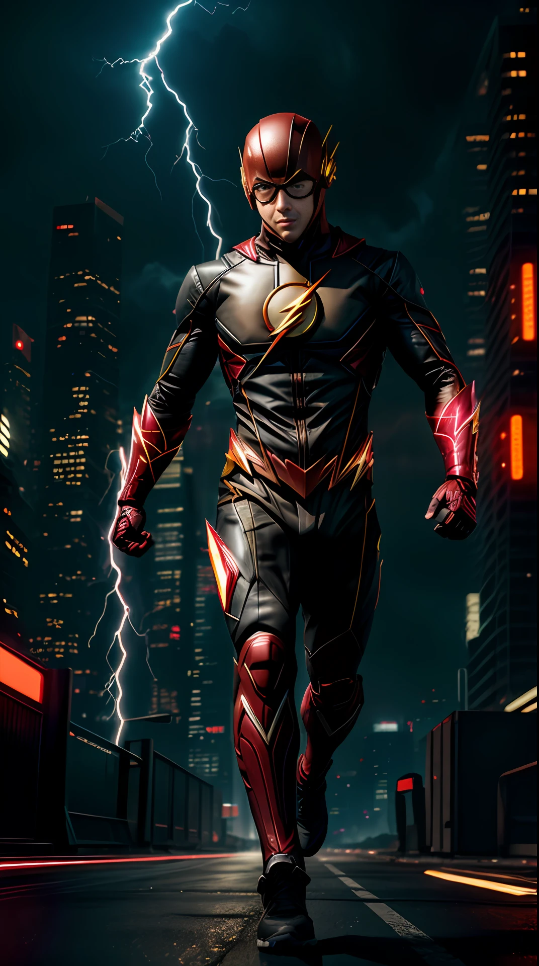 cyberpunk the flash , dark armor, invoked mask,glowing red eyes, bodybuilder, running, in the background a city, lightning in the sky, ultra details, ultra realistic, cinematic , octane render, 16k