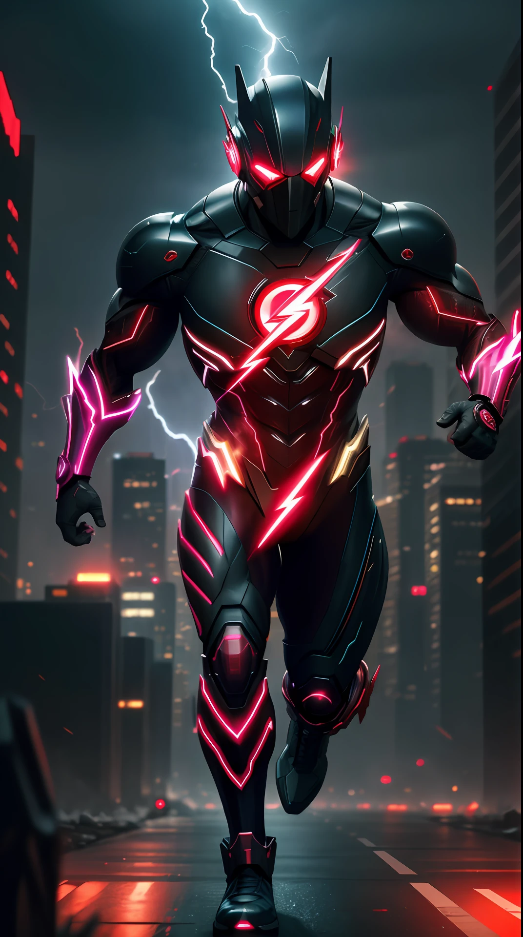 cyberpunk the flash , dark armor, invoked mask,glowing red eyes, bodybuilder, running, in the background a city, lightning in the sky, ultra details, ultra realistic, cinematic , octane render, 16k