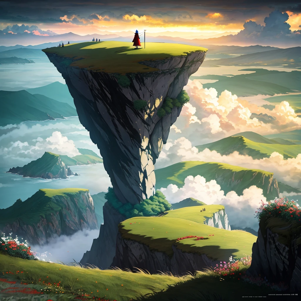 (extremely detailed CG unity 8k wallpaper,masterpiece, best quality, ultra-detailed),(a fusion of Japanese manga and Irish culture),an ethereal and otherworldly setting, (Hyakkimaru), one-armed and blindfolded, (sword in hand), a mix of traditional and modern Eastern and Western clothes, (red cape), standing on top of a cliff,(overlooking the Irish sea), (cloudy sky), (dramatic lighting), surrounded by green rolling hills and vibrant flowers.