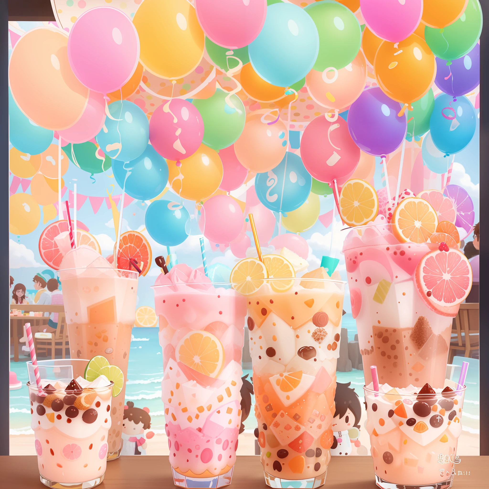 there are many different drinks in different glasses on a table, colored milk tea, bubbly scenery, sea of parfait, cozy cafe background, cute illustration, drinking boba tea, drinks, cute artwork, cold drinks, sweets, a beautiful artwork illustration, decora inspired illustrations, cute detailed digital art, summer morning, birthday party, cheerful atmosphere, cute art style, official artwork
