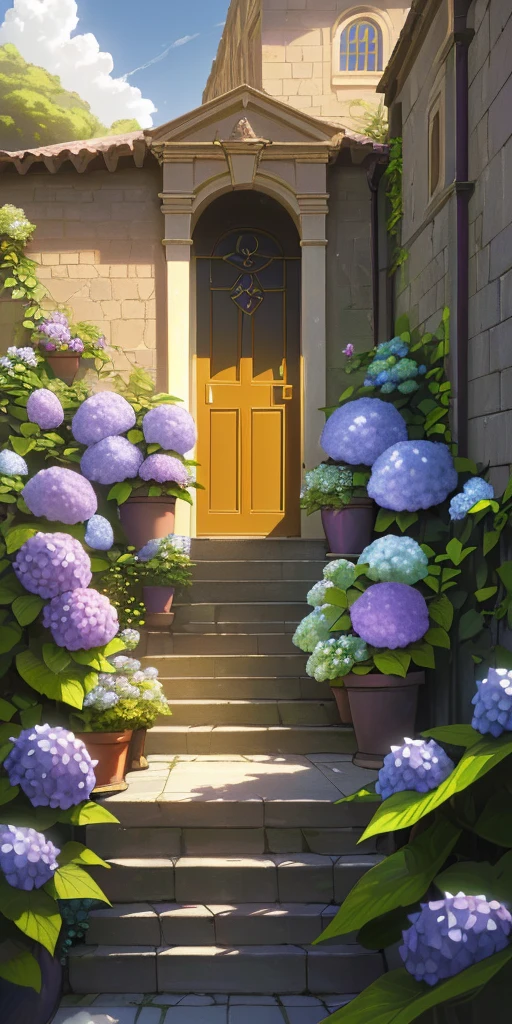 (ultra high res,photorealistic,best quality,photo-realistic),(8k,raw photo,best quality,masterplece),(photon mapping,radiosity,physically-based rendering,automatic white balance),real stone door with plants and yellow door, in the style of dark gold an purple, colorful dreams, felicia simion, villagecore, photograph, italian villa, candles, flowers, building, gardens, stairs, city, cloud, day, door, fence, field, garden, grass, house, hydrangea, mountain, nature, no_humans, outdoors, path, plant, potted_plant, purple_flower, road, scenery, sky, skyscraper, traditional_media, tree,