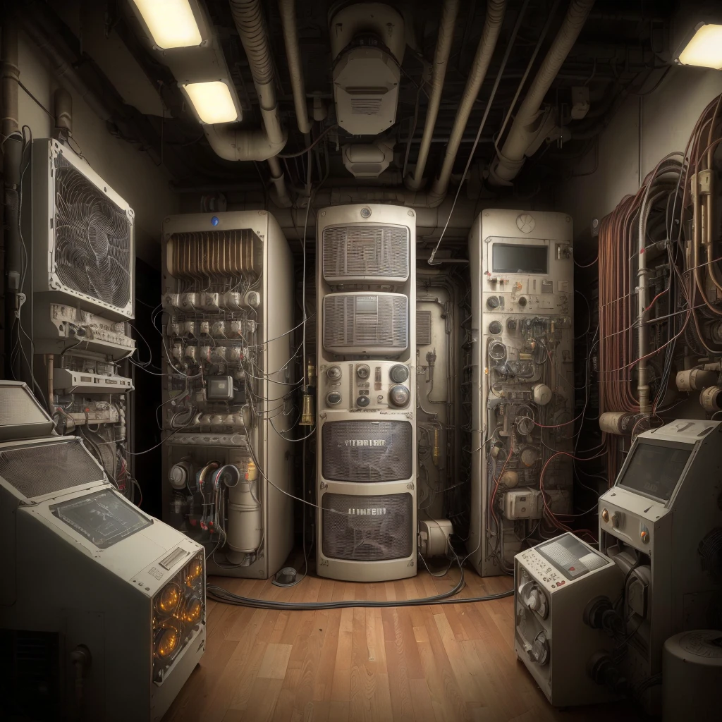 there are many old electronics in a room with a wooden floor, artstation hq”, matte painting of steam machines, sci fi engine room living room, secret underground lab, unreal engine. retro film still, small chamber. hyperrealistic, old experimentation cabinet, set in bank vault room, rendered in unreal engine”, dieselpunk setting, underground lab