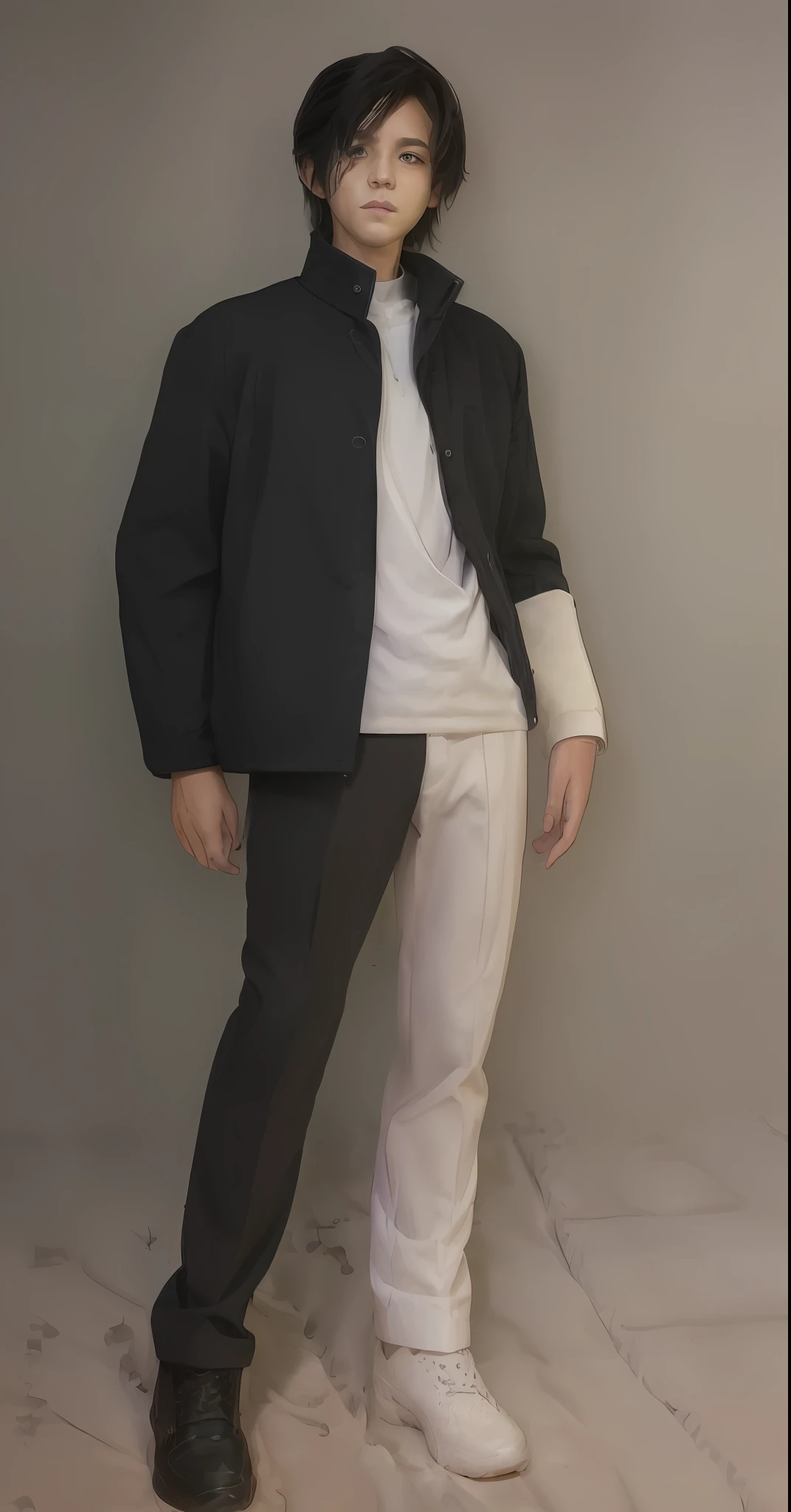 1male, solo,  boy, pretty boy, majestic, black curvy hair, long hair, bang hair, detailed hair, skinny teen boy with defined lean body, standing on  white blank background, character sheet, full body, whole body visible in camera, , age  years oiny shoes, wearing gakuran, teen boy, braces, best quality, Amazing anatomy, attractive teen boy, lean body, hot teen boy,