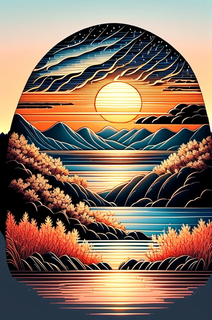 Intricate painting of a detailed lake, japanese, distant fishing boats on the horizon, by range murata, a big dark setting sun in the background, night, sparse clouds, vivid colors, high contrast, mountain scape, vector line art, trending in pixiv, anime concept art, awesome, matte, high quality, edge-to-edge, NO borders, van gogh