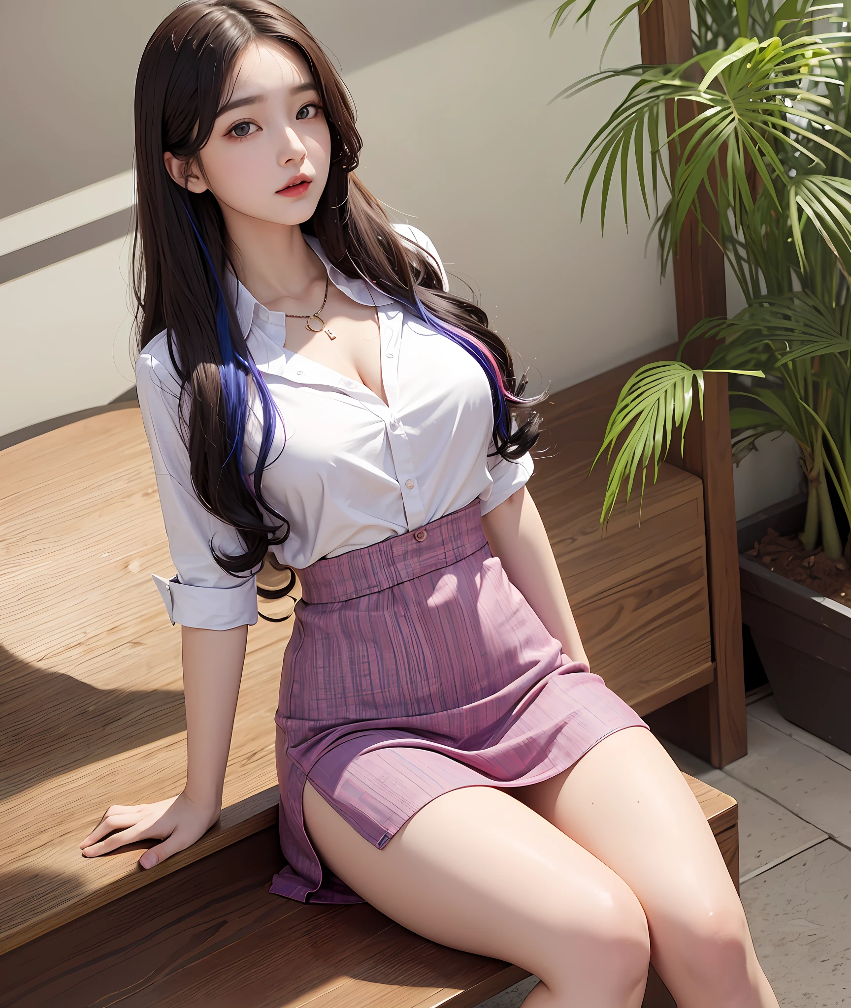 Realistic, high resolution, 1 girl, multi-colored wavy hair, korean, colored eyes, dress, inch shirt, mid-chest, thin waist, thighs