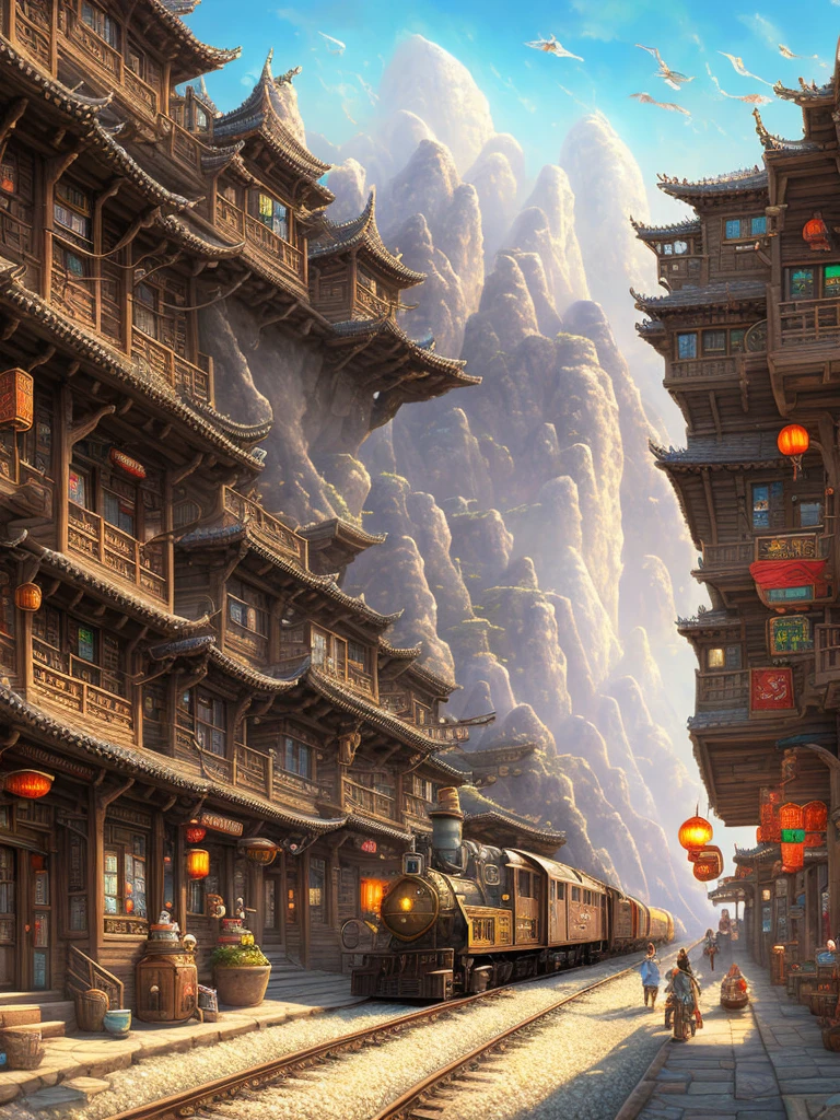 A painting of a train driving through a town in the desert, highly detailed illustration, concept art highly detailed, overly detailed art, multi-dimensional cozy tavern, detailed digital 2D fantasy art, highly detailed fantasy art, highly detailed and colorful, detailed game art illustration, fantastic Chinese town, highly detailed digital artwork, highly detailed 4K art, by Li Zai