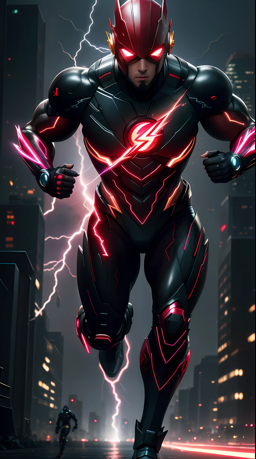 cyberpunk the flash , dark armor, invoked mask,glowing red eyes, bodybuilder, running, in the background a city, lightning in the sky, ultra details, ultra realistic, cinematic , octane render, 16k