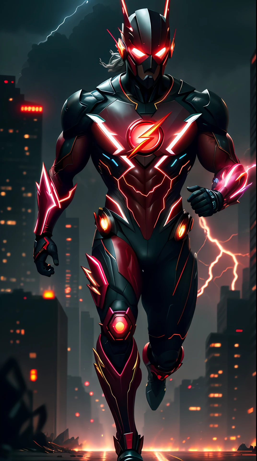 cyberpunk the flash , dark armor, invoked mask,glowing red eyes, bodybuilder, running, in the background a city, lightning in the sky, ultra details, ultra realistic, cinematic , octane render, 16k