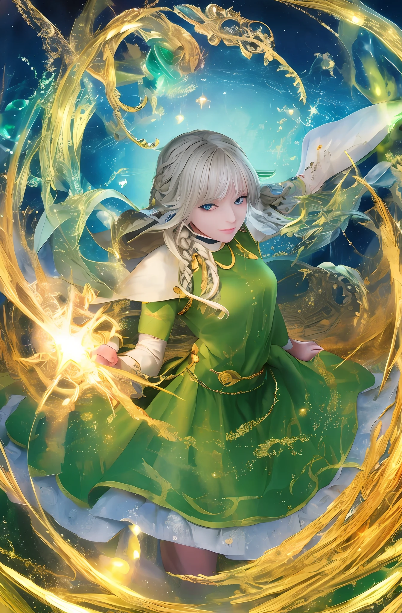 best quality, masterpiece, upper body,
(adult:1.6) ukrainian woman, (smirk:0.4),
braided blonde hair,
emerald eyes,
medieval sundress,
floating light particles, centered,
