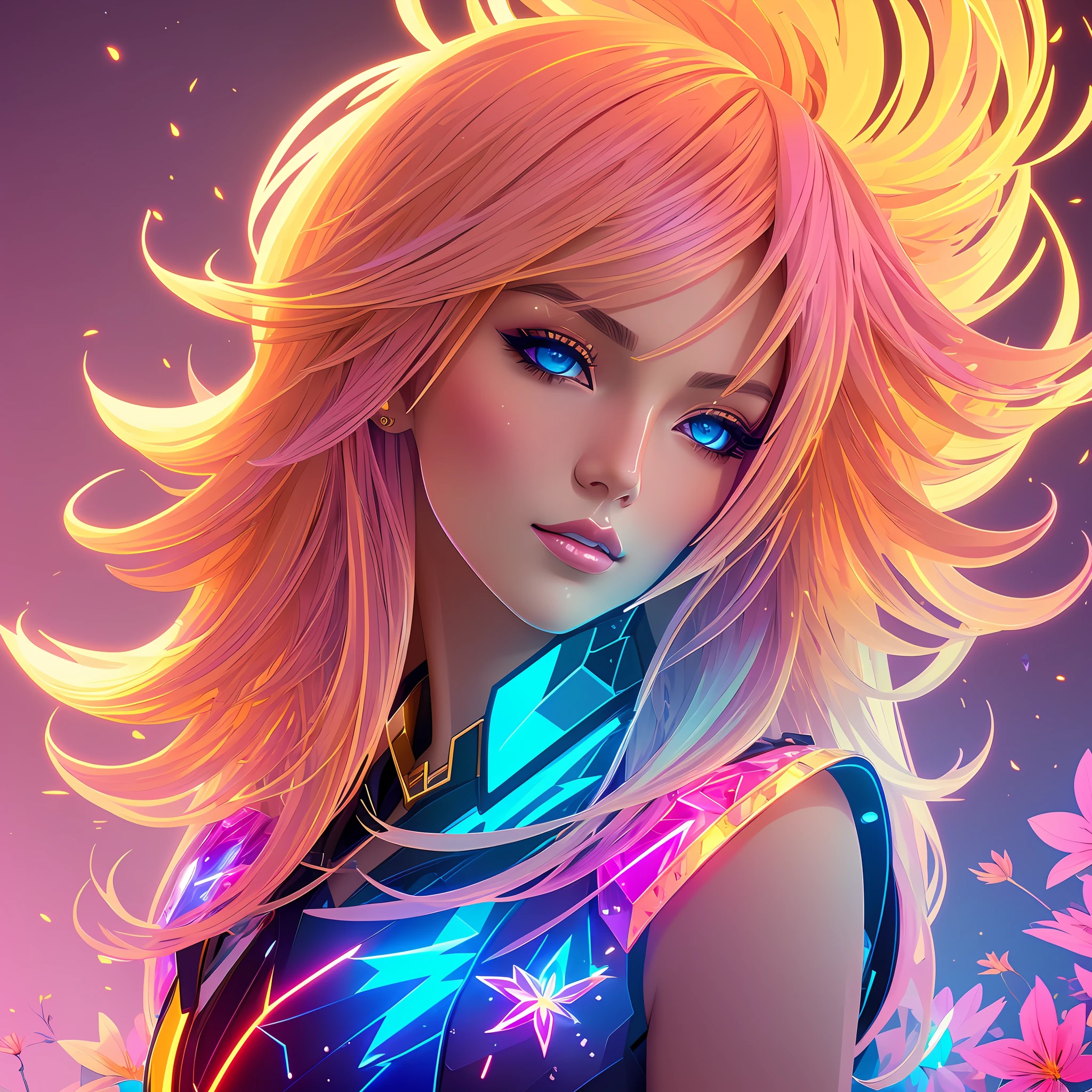 modelshoot style, A illustration, concept art, visual art,((vector style)), (flat color), golden colors, anime, a world in beautiful woman head with lightning, colorful shine, flowers, fantasy, artstation, beautiful, epic, crystalline, colorful, vivid, HD, highly detailed, rim lighting, god rays