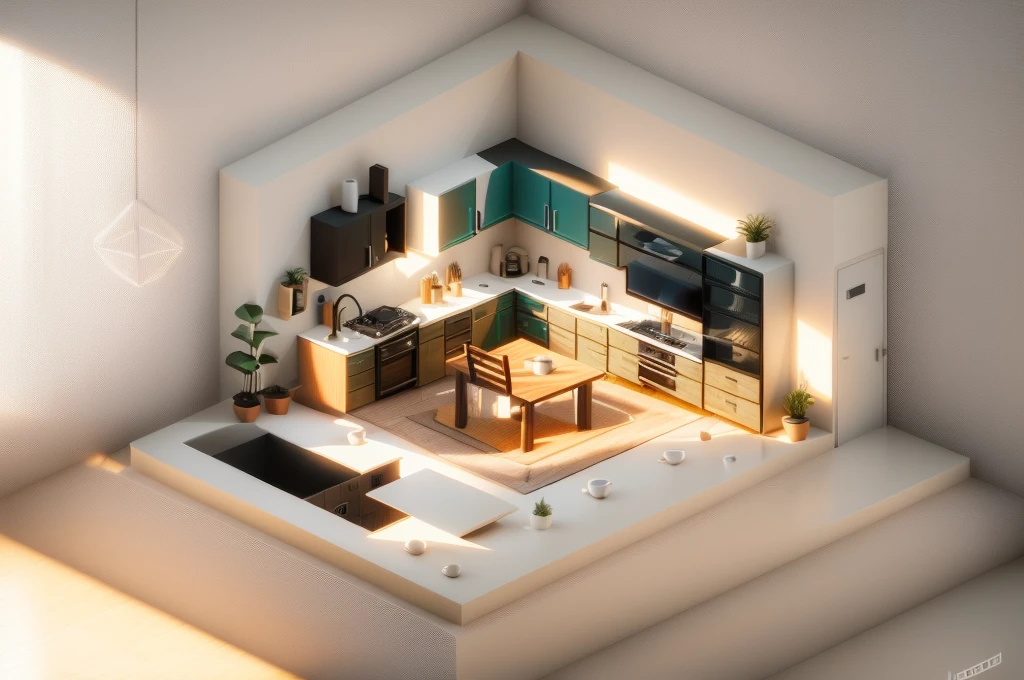 arafed view of a kitchen with a table and a tv, stylized 3d render, isometric 8k, 3 d stylize scene, 3 d render stylized, stylized as a 3d render, isometric 3d render, isometric style, detailed 2d illustration, realistic 3 d style, super detailed color lowpoly art, 3 d illustration