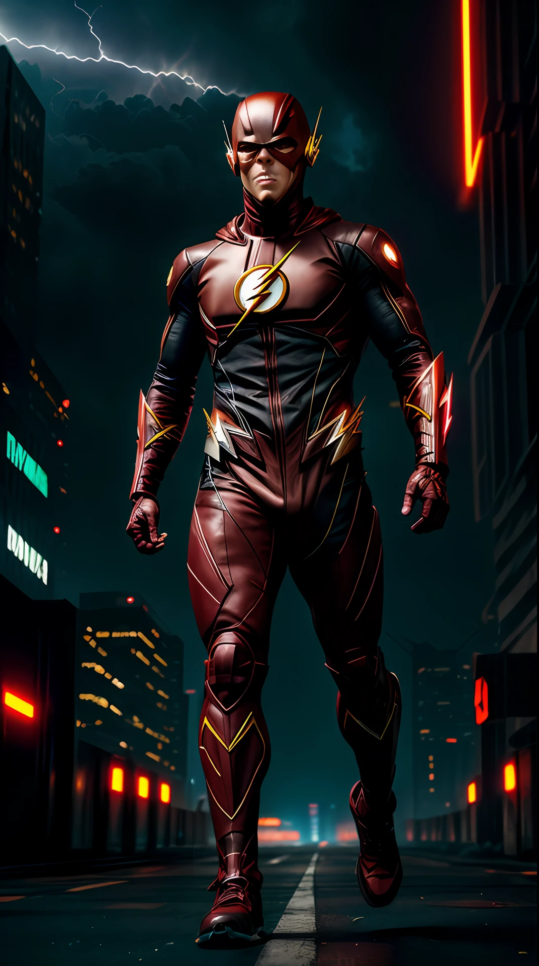 cyberpunk the flash , dark armor, invoked mask,glowing red eyes, bodybuilder, running, in the background a city, lightning in the sky, ultra details, ultra realistic, cinematic , octane render, 16k