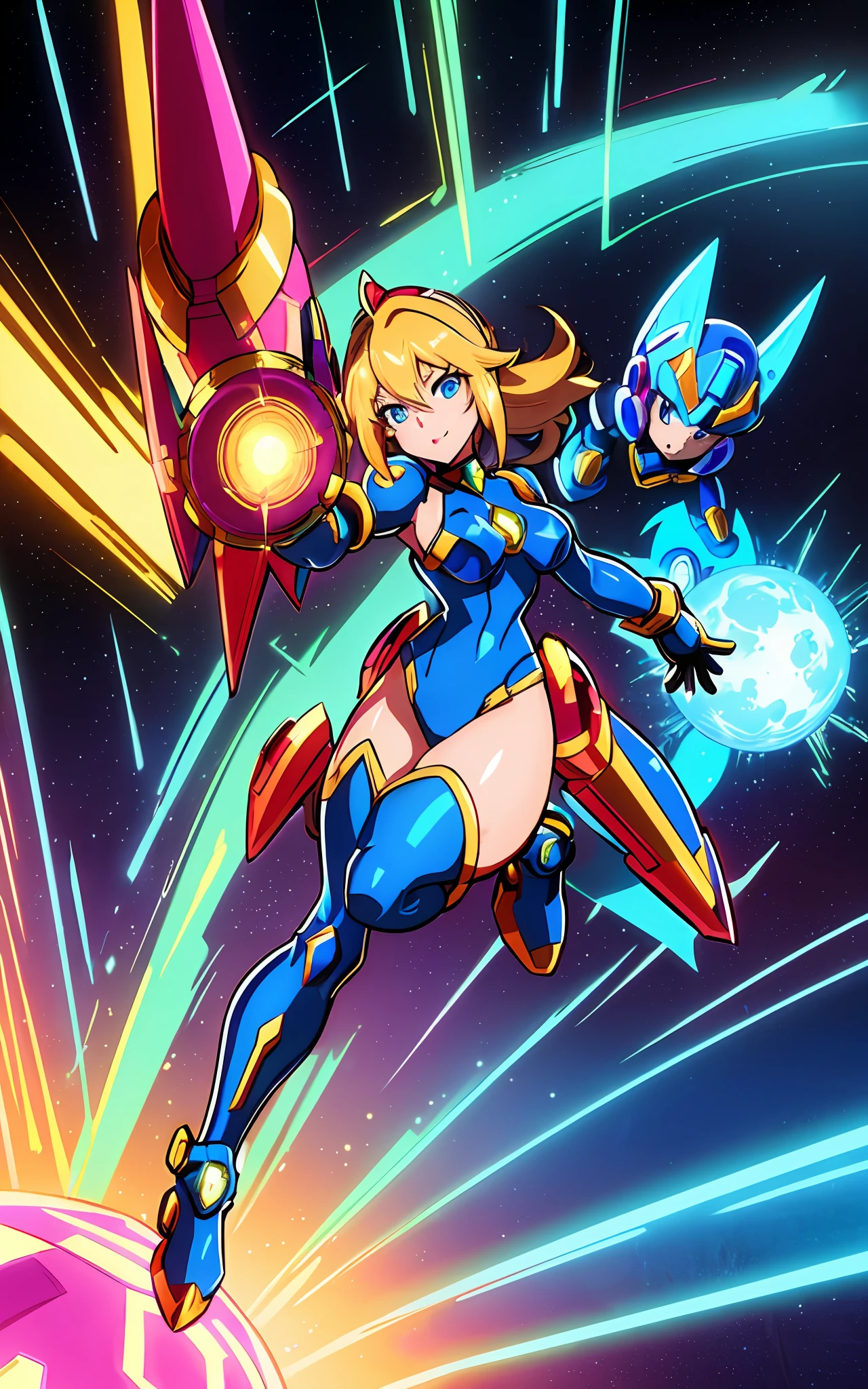 Create a 16k resolution image, Unreal Engine 5, Disney style, Super Metroid style, Mega Man-X style, with very detailed eyes, well detailed face, well detailed, Full body image of woman doing hybrid cosplay of Mega Man-X/Samus Aran/Seiya of Pegasus with Sagittarius armor, short blue hair, wearing helmet, extremely detailed eyes, futuristic weapons, background: Futuristic city being destroyed, looking at the viewer with facial expression of total hatred