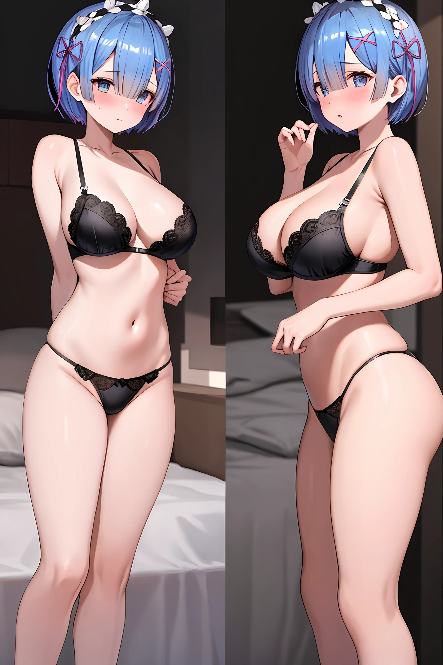 detailed background, masterpiece, best quality, 1girl, rem rezero, black panties, black bra, full-face blush, bed, blue eyes, big breasts, ass view