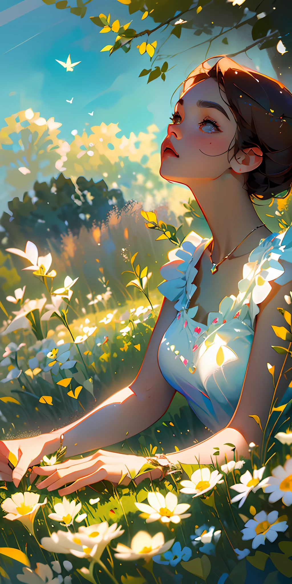 (Best Quality, Masterpiece), High Detail, Ultra Detail, Ultra High Resolution Light brown eyebrows, short brown hair girl enjoying her time in open fields, surrounded by the beauty of nature, warm sun sprinkling on her, white flowers gently swaying in the breeze. Butterflies and birds flutter around her, adding to the playful atmosphere ,--v6