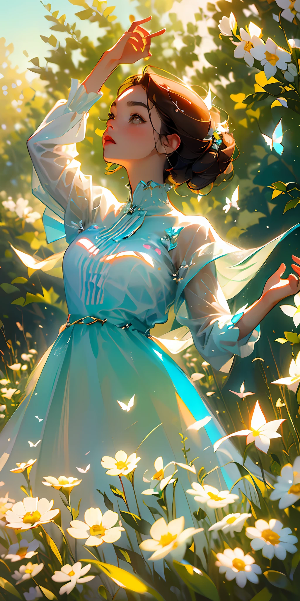 (Best Quality, Masterpiece), High Detail, Ultra Detail, Ultra High Resolution Light brown eyebrows, short brown hair girl enjoying her time in open fields, surrounded by the beauty of nature, warm sun sprinkling on her, white flowers gently swaying in the breeze. Butterflies and birds flutter around her, adding to the playful atmosphere ,--v6