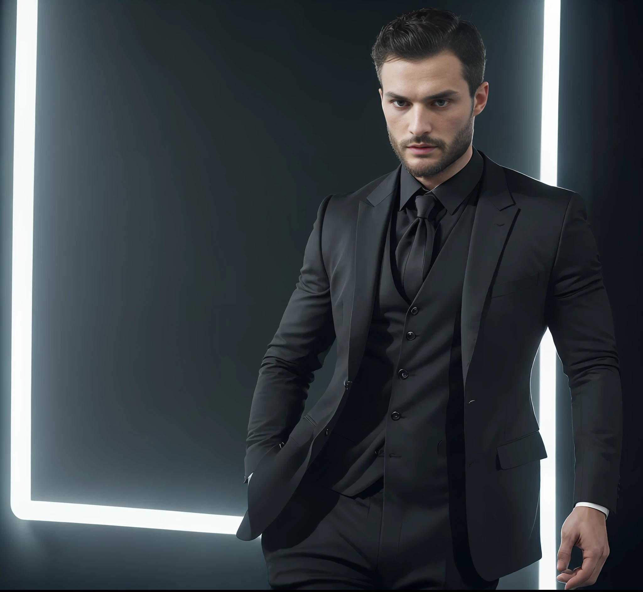 (Man wearing black suit without tie), ), (wearing beard,) attractive and serious look, short dark hair, stylish and elegant, shaved and strong body fitted in the suit, show body, man similar to actor jamie dornan, (high quality and realistic image), in the background of the dark black image and lights, cinematic style, ((Best quality, 8k, Masterpiece).