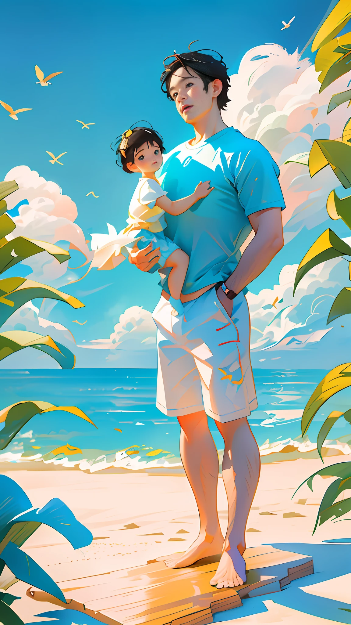 Illustration poster,, graphic illustration, Father's Day, Asian, middle-aged father and son,; The back of two people, shirt, middle-aged father holding child, seaside, sunny, blue sky and white clouds, sand, bright colors, high saturation, contour light, warm and bright, HD 8K--v6