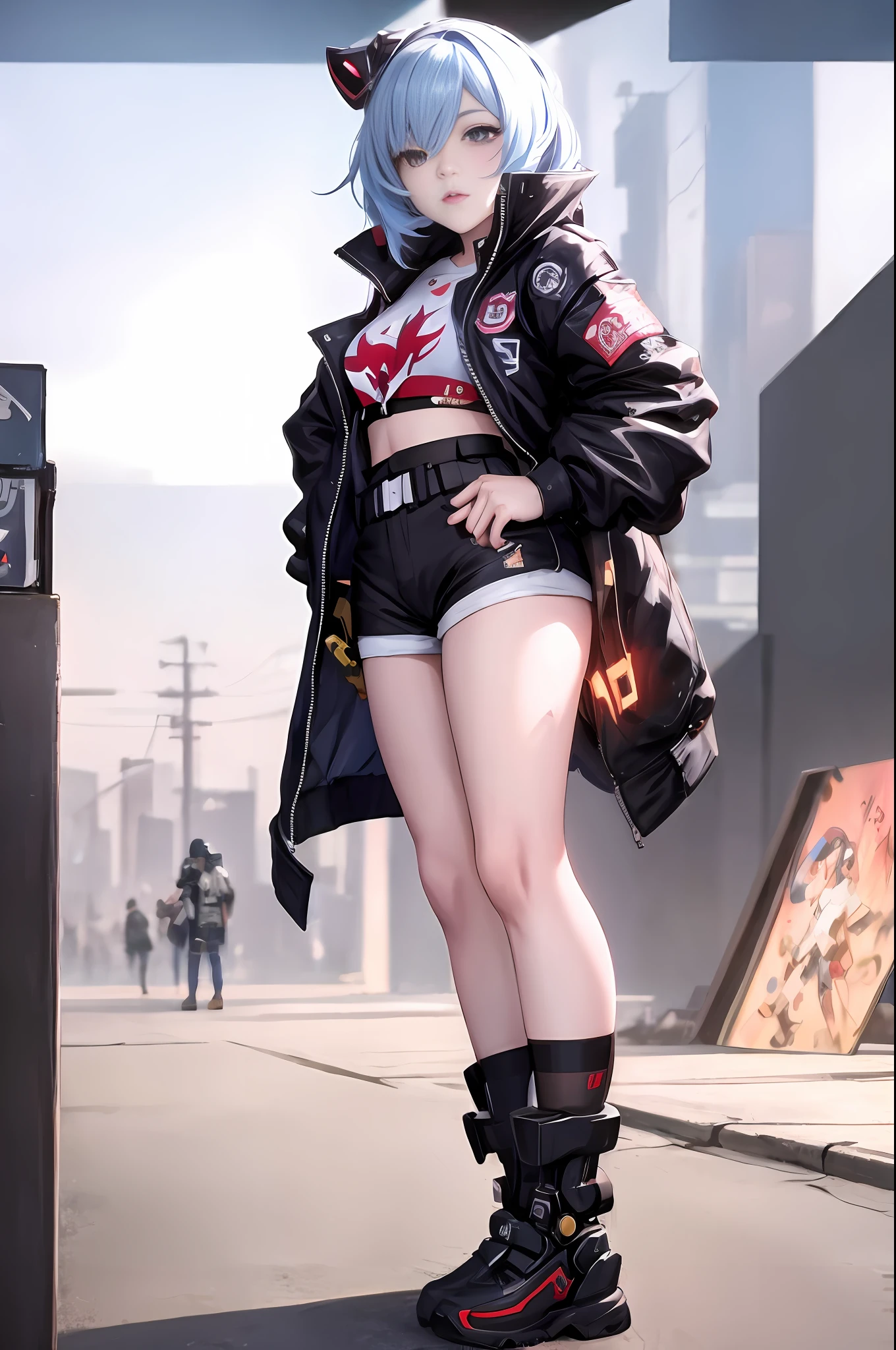 anime girl in short shorts and jacket standing next to giant robot, artwork in the style of guweiz, cyberpunk anime girl mech, trending on cgstation, guweiz, by Russell Dongjun Lu, digital cyberpunk anime art, ross tran 8 k, guweiz on artstation pixiv, girl in mecha cyber armor