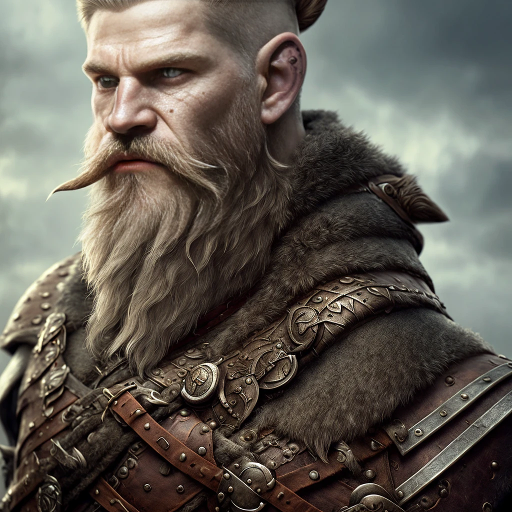 (detailed, high quality), (digital painting, drawing), (short beard, short hair, scar on eye, viking, warrior), (serious look, stern expression), (leather belt, battle garment), eager for battle.