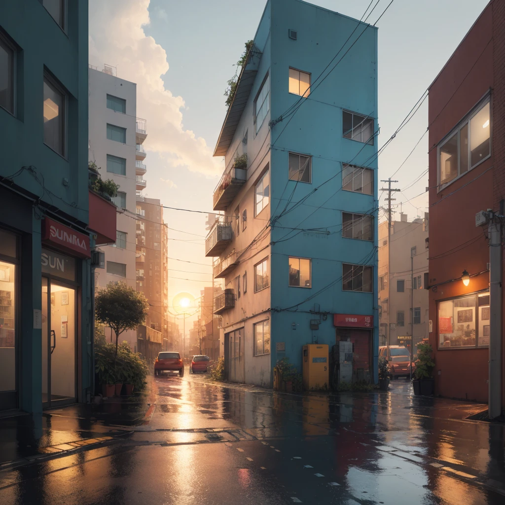 Sun, Punk, AI City, <lora: SolarPunkAl:1», SolarpunkAl rainy day