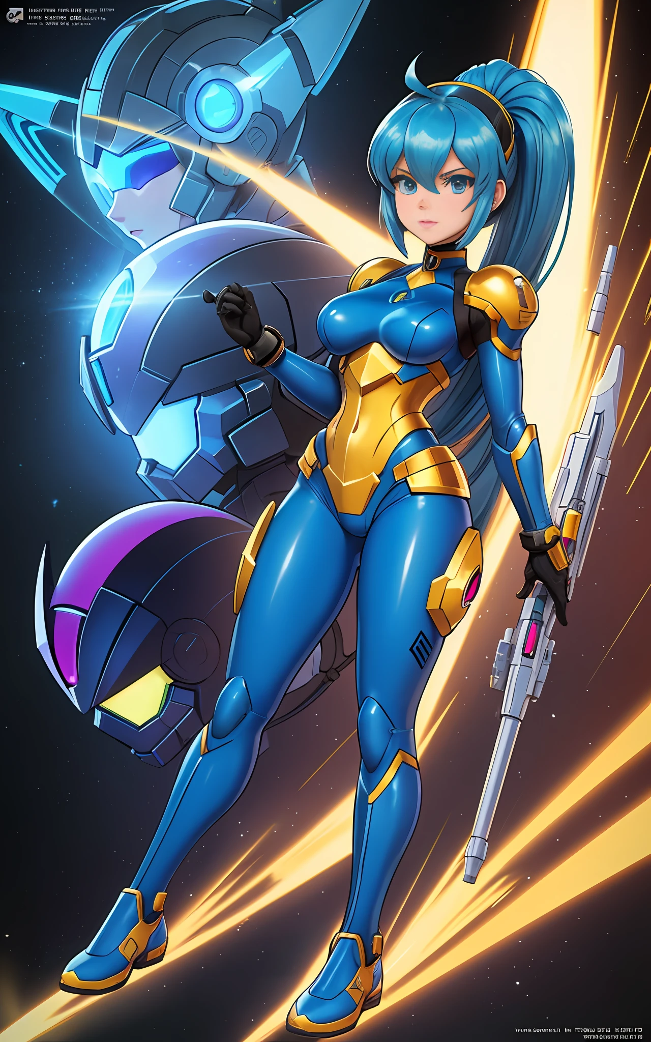 Create a 16k resolution image, Unreal Engine 5, Disney style, Super Metroid style, Mega Man-X style, with very detailed eyes, well detailed face, well detailed, Full body image of woman doing hybrid cosplay of Mega Man-X/Samus Aran/Seiya of Pegasus with Sagittarius armor, short blue hair, wearing helmet, extremely detailed eyes, futuristic weapons, background: Futuristic city being destroyed, looking at the viewer with facial expression of total hatred