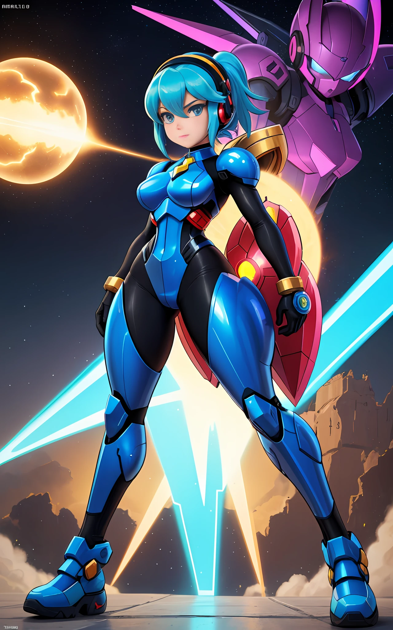 Create a 16k resolution image, Unreal Engine 5, Disney style, Super Metroid style, Mega Man-X style, with very detailed eyes, well detailed face, well detailed, Full body image of woman doing hybrid cosplay of Mega Man-X/Samus Aran/Seiya of Pegasus with Sagittarius armor, short blue hair, wearing helmet, extremely detailed eyes, futuristic weapons, background: Futuristic city being destroyed, looking at the viewer with facial expression of total hatred