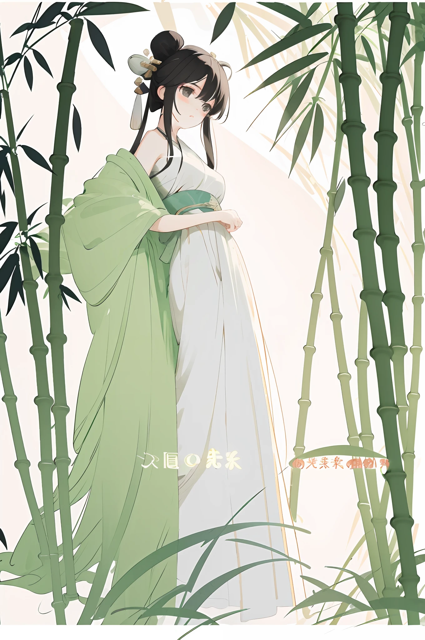 beautiful girl with big watery eyes, full body, delicate shoes, delicate hair, an ancient Chinese beauty, wearing ancient Chinese clothing, flowing tulle, light silk, (bamboo, bamboo leaves, stone), ink painting style, clean color, decisive cutting, blank, freehand, masterpiece, super detailed, epic composition, high quality, the highest quality, 4k