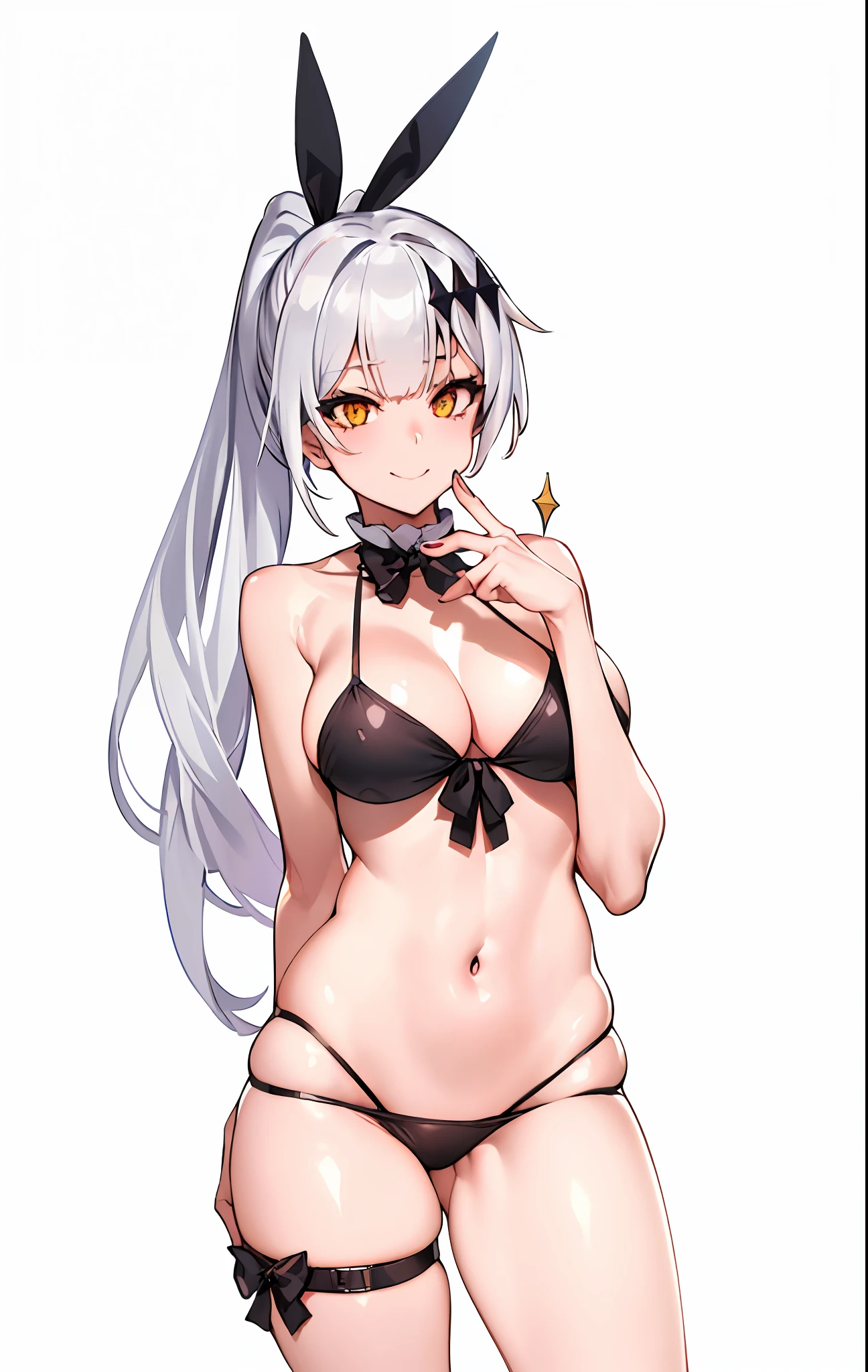 (masterpiece), (best quality), (ultra detailed), (best illustration), (best shadow), eye sparkle, reflection in eyes, beach background, (long ponytail), black bikini, silver hair, depth of field, sunbeam, big breasts, seductive smile, sharp eyes, sexy look, (sharp eyeliner, eye shadow)