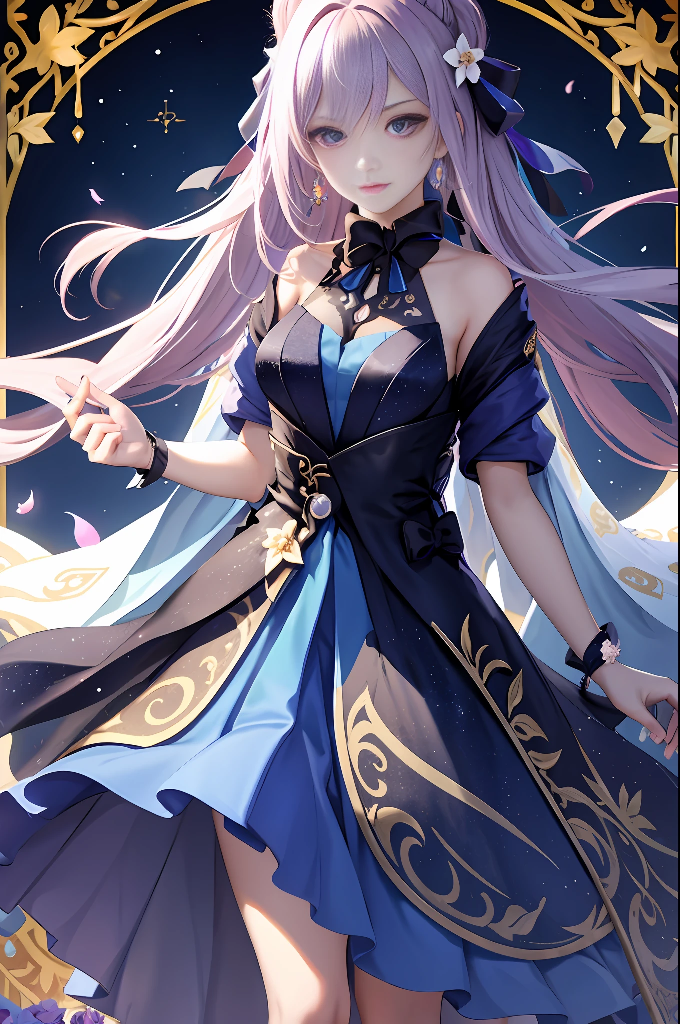 1girl, long hair, bright hair color, seductive eyes, mysterious expression, mature appearance, charming dress, flowing dress, elegant jewelry, intricate decoration, magic symbols, glowing accessories, potions, scrolls, cute accents, bows, ribbons, flowers,