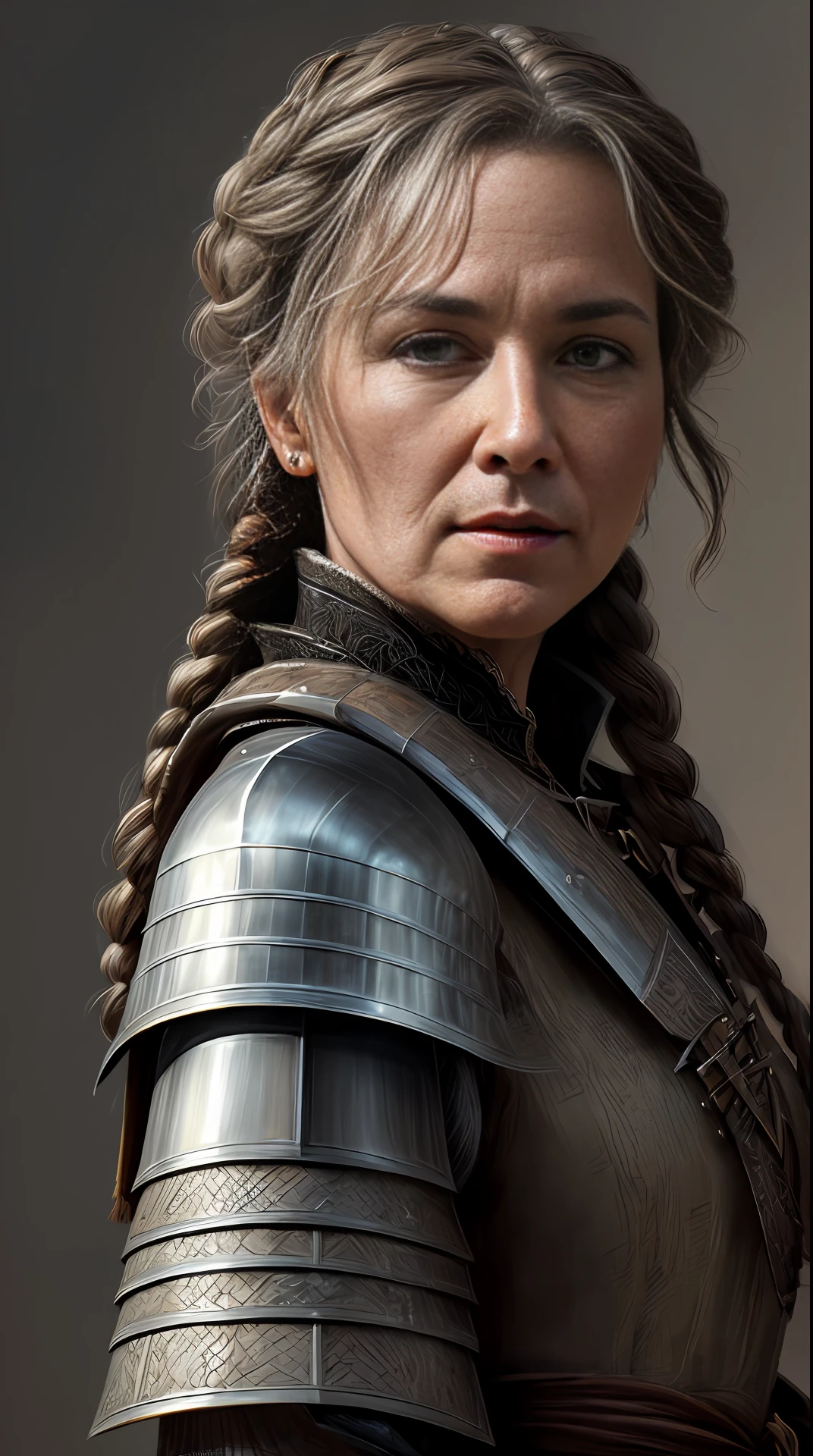 Bird's Eye View detailed ((dnd knight middle aged woman portrait)), happy, HD, Stunning, Character, Portrait, (((Looking Sideways))), angular features, (darkbrown Braids Hair), (muted natural colors:1.3) in painterly style by Thierry Doizon , splash art