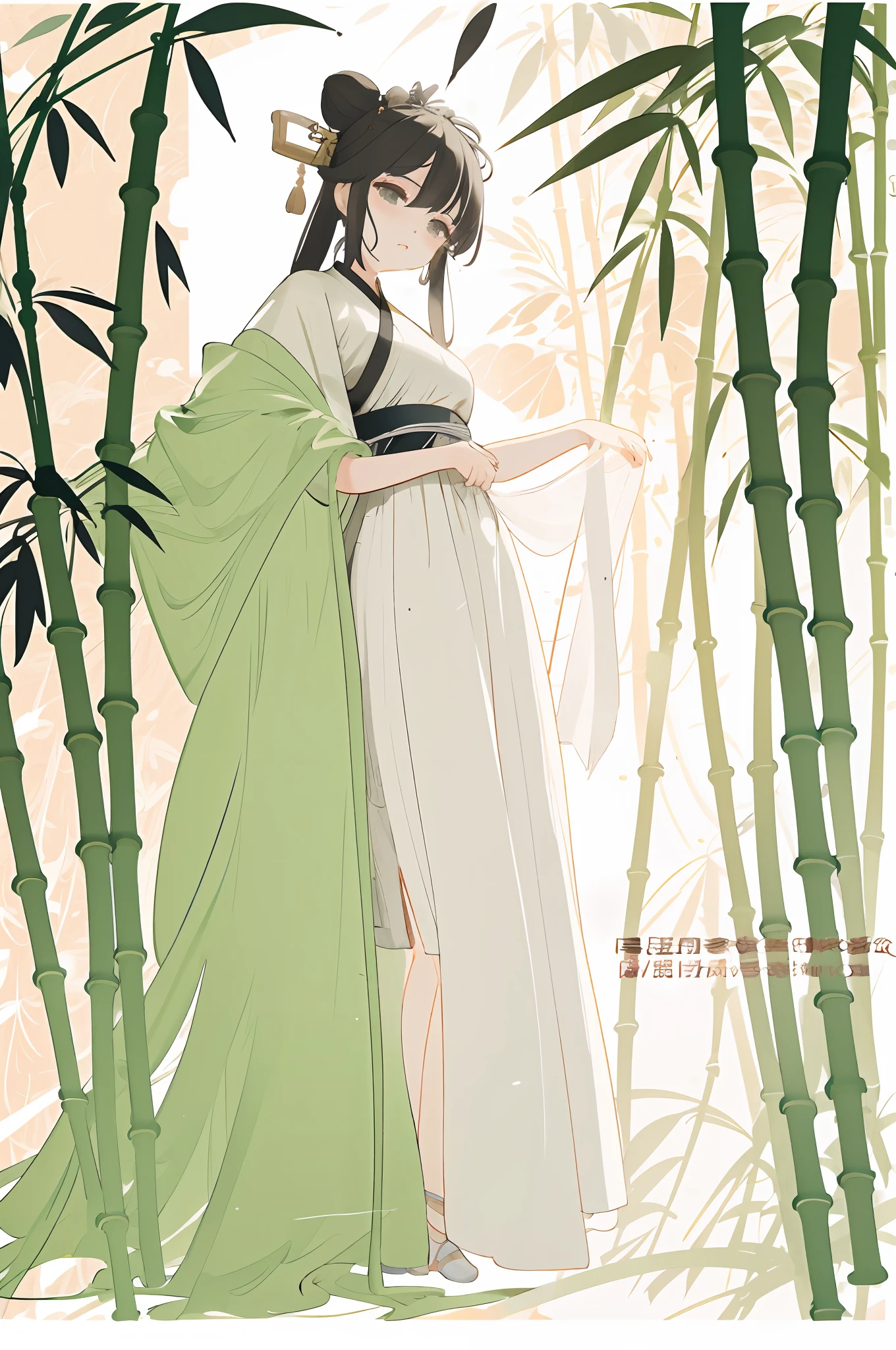 beautiful girl with big watery eyes, full body, delicate shoes, delicate hair, an ancient Chinese beauty, wearing ancient Chinese clothing, flowing tulle, light silk, (bamboo, bamboo leaves, stone), ink painting style, clean color, decisive cutting, blank, freehand, masterpiece, super detailed, epic composition, high quality, the highest quality, 4k