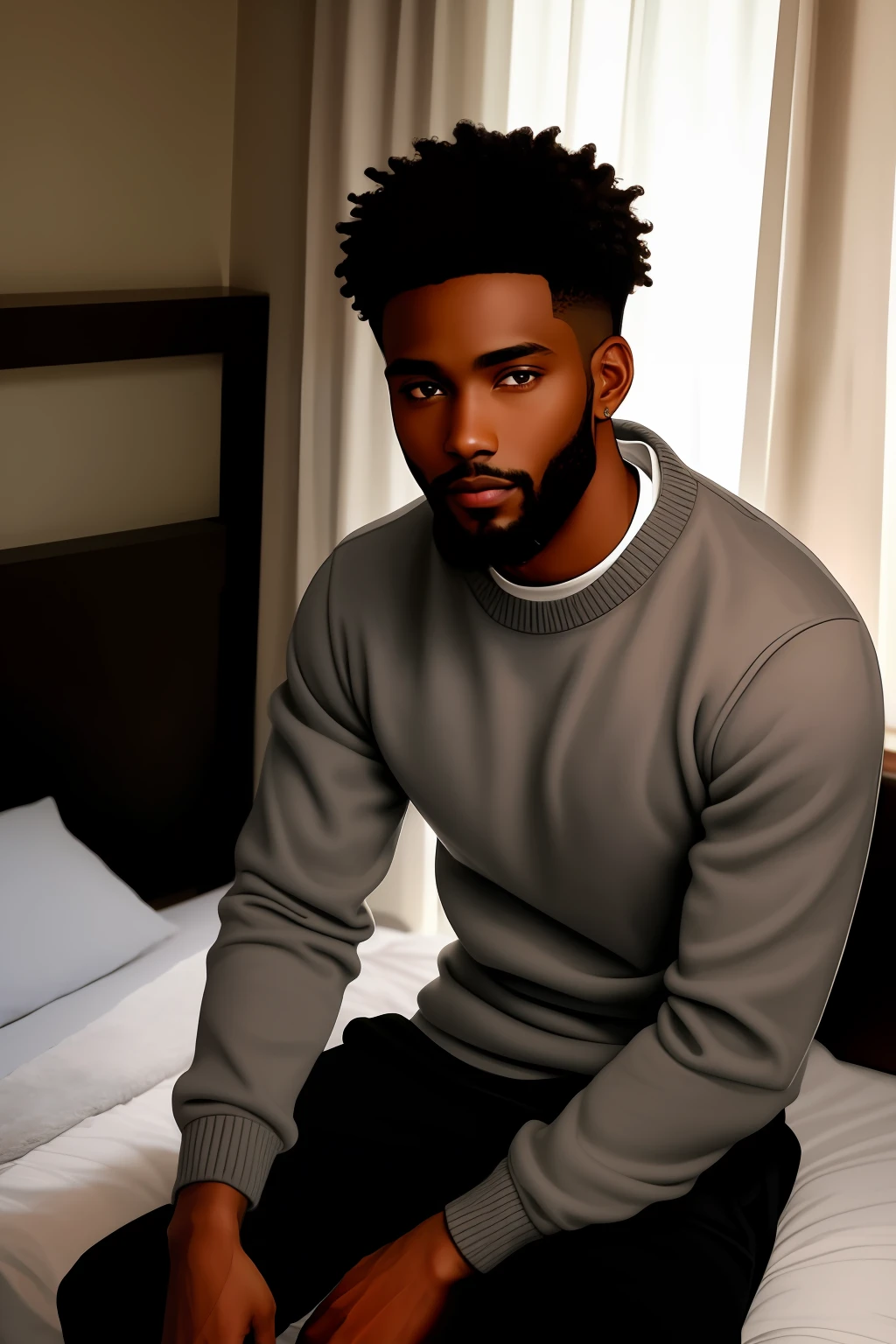 Black man, 26 years old skinny gorgeous, short black hair light brown eyes, thin beard, bottom sitting on the bed in the bedroom at night in sweatshirt and black pants
