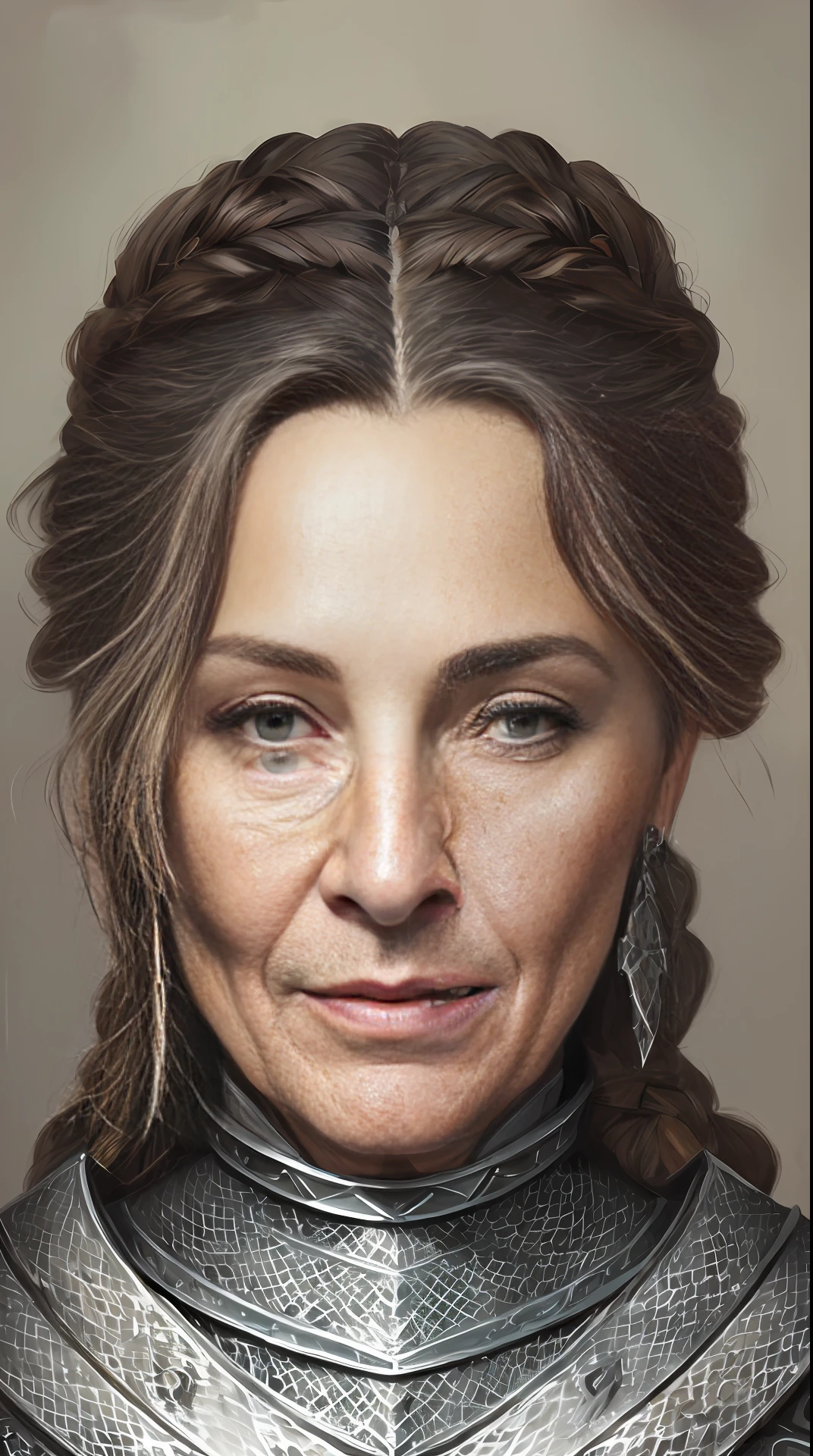 Bird's Eye View detailed ((dnd knight middle aged woman portrait)), happy, HD, Stunning, Character, Portrait, (((Looking Sideways))), angular features, (darkbrown Braids Hair), (muted natural colors:1.3) in painterly style by Thierry Doizon , splash art