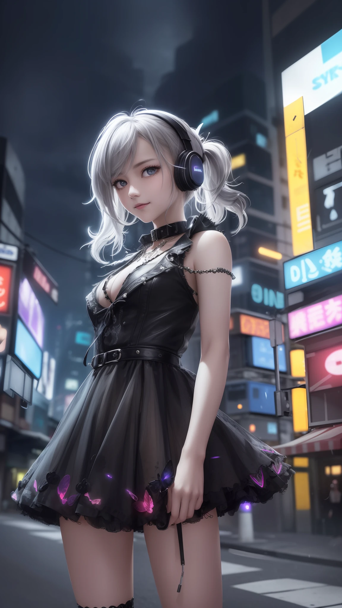 A very detailed portrait of a single girl standing on a street corner, in a lightning and cloudy storm, neon and cyberpunk background, she is wearing a punk dress with silver chains and silver spikes, she has a butterfly wing hairpin wild hair, she wears headphones and tie, petite, detailed glowing red eyes, pupils sharp, ominous aura, smile, punk, cyberpunk, backlight, masterpiece, the best quality, intricate details, absurdity, chromatic aberration, depth of field, soft lighting, tone mapping, highly detailed, artstation, concept art, smooth, sharp focus, dramatic lighting, highly detailed artwork, movies, trends on Artstation, 8K, incredible shadows, (highly detailed background: 1.0)